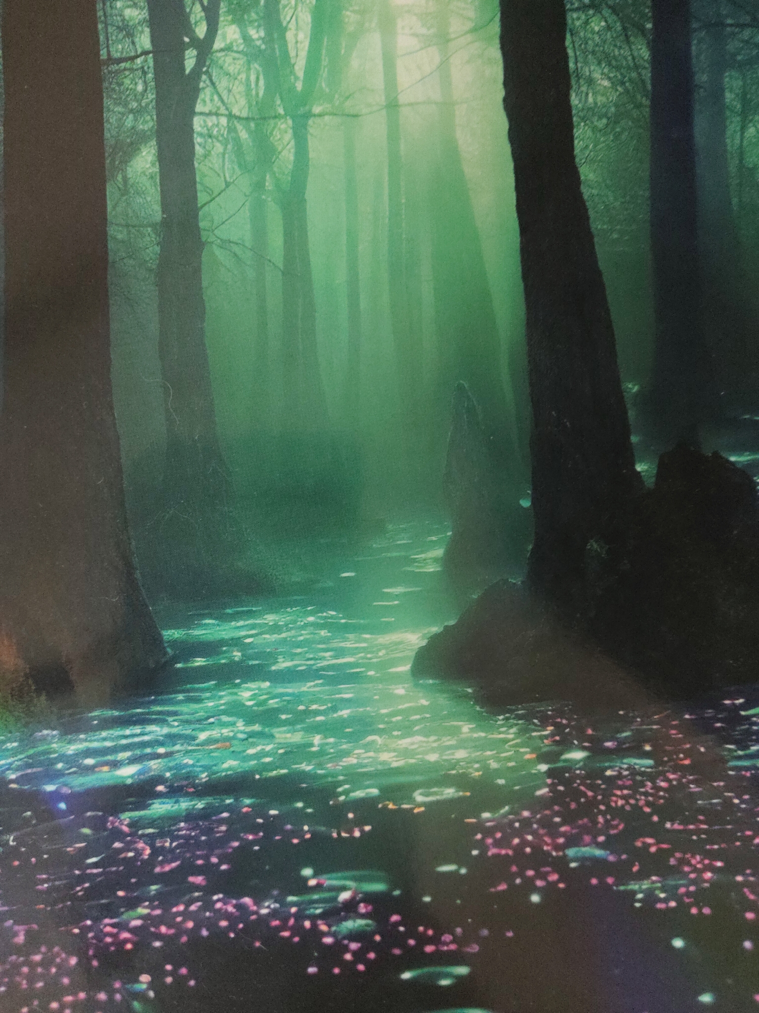 The image displays an ethereal forest scene devoid of human presence. Tall, dark tree trunks anchor the composition, with one prominent on the far left, another on the far right, and a third positioned left-of-center with visible branches. A pervasive greenish mist or fog permeates the mid-ground and background, obscuring distant details and creating an atmospheric diffusion of light, with visible light rays penetrating from above. A winding pathway or shallow body of water in the mid-ground exhibits vibrant turquoise to light green bioluminescence, dotted with numerous small, irregularly shaped glowing elements. The immediate foreground, particularly towards the lower right, is densely scattered with small, distinct pink and purple glowing specks. The location of the scene cannot be determined from the image.