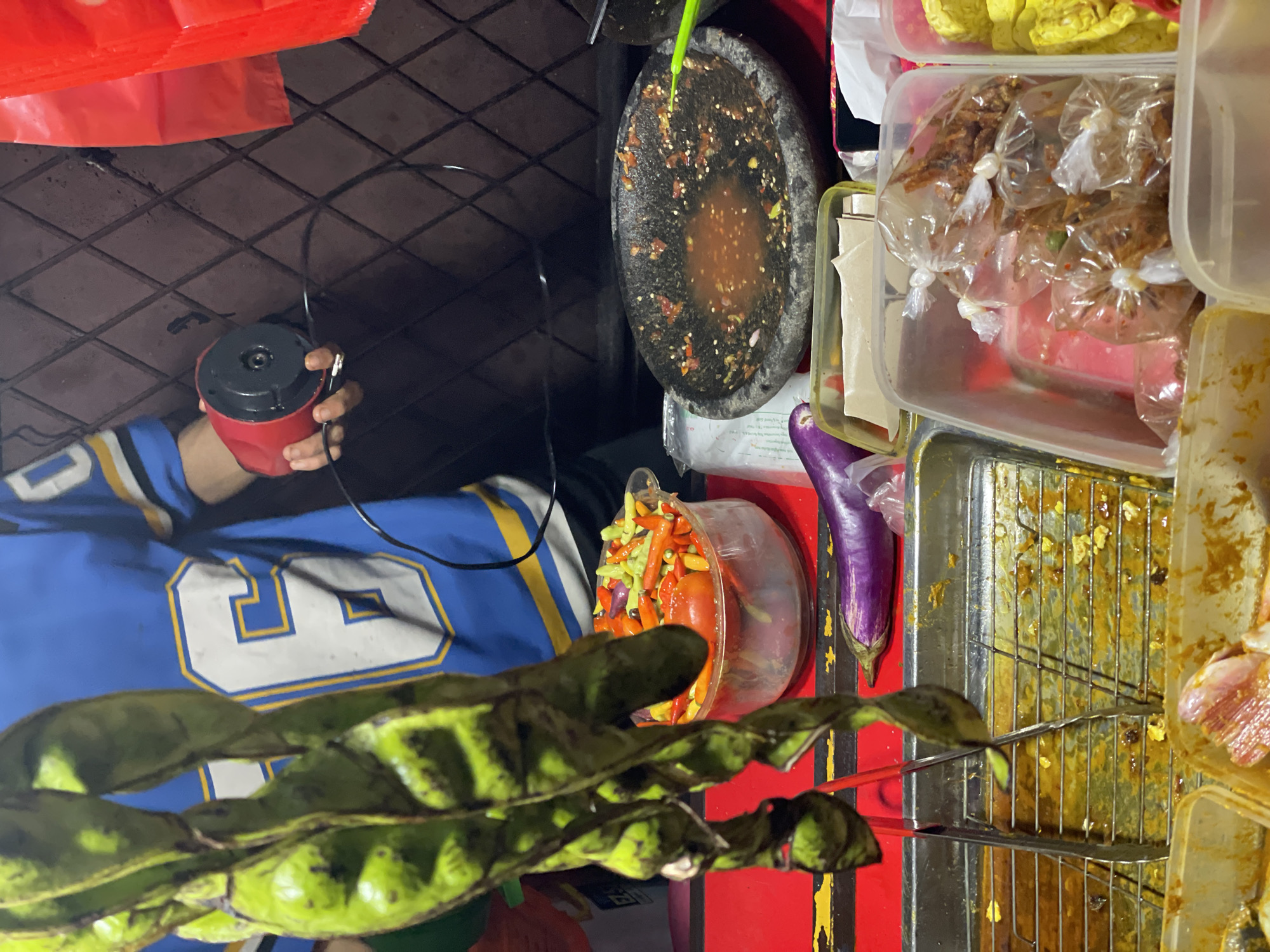 The image depicts a street food stall scene, likely in North Jakarta, Indonesia. The primary focus is on a variety of fresh ingredients and prepared foods, suggesting a bustling food preparation environment.
In the foreground, a person is visible from the chest down, wearing a blue jersey with a large white "9" outlined in yellow. Their hand is holding a red object with a black lid and a wire attached. This object is positioned over a textured, dark surface, possibly a table or counter.
Behind the person, a variety of food items are arranged. A large, dark stone mortar, containing some reddish paste and scattered spices, is prominent. To its right, several plastic containers are filled with different ingredients. One contains what appears to be small, fried fish or shrimp wrapped in individual plastic bags. Another container holds an assortment of colorful chili peppers and other chopped vegetables. A whole purple eggplant lies to the side of these containers.
In the mid-ground and extending into the foreground are several large, green, elongated pods with a bumpy texture. These are likely a type of bean or vegetable commonly used in Indonesian cuisine.
Further to the right, a metal rack is visible, stained with yellow residue, suggesting it has been used for cooking or holding food. A clear plastic container holding pieces of pinkish fish, possibly marinated, is also present.
The overall scene suggests an outdoor setting, likely during the evening or night, given the artificial lighting. The presence of fresh ingredients, cooking implements, and prepared food points to an active food stall or market environment. There is no visible text in the image.