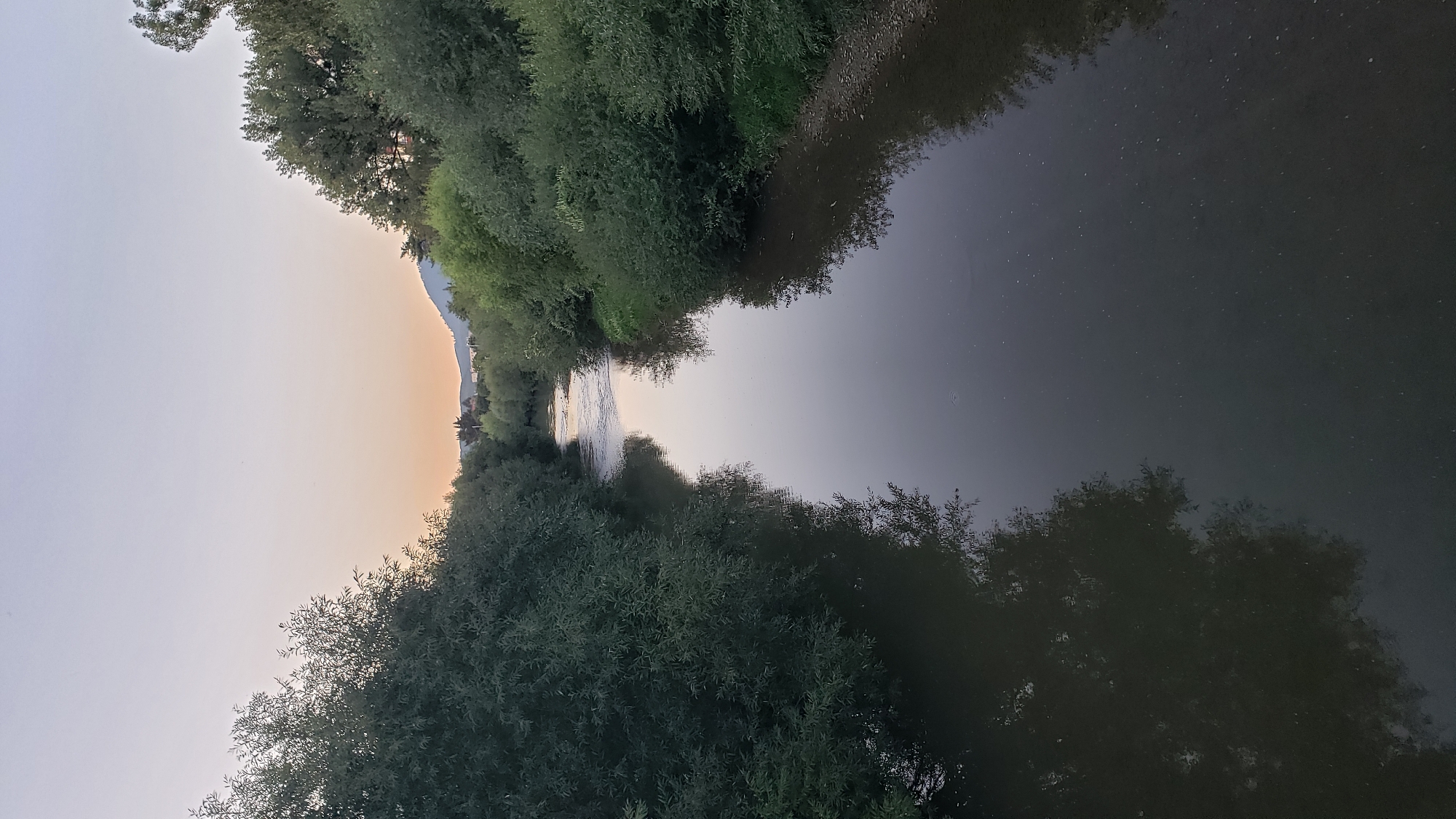 A wide shot captures a serene river flowing through a verdant, tree-lined landscape, likely in Prešov, Slovakia, as suggested by the context. The scene is illuminated by the soft, warm glow of a sunset, casting a gentle gradient of colors across the sky from pale yellow near the horizon to a soft lavender at the zenith. The river, a dark, placid mirror, reflects the surrounding foliage and the muted sky, creating a sense of depth and tranquility. On either side of the river, dense, lush green trees and bushes form a natural embankment, their leaves a rich tapestry of greens. In the distance, beyond the river and the trees, the silhouette of rolling hills and a small cluster of buildings are faintly visible against the fading light, suggesting a settlement or village nestled within the landscape. The water's surface is disturbed in places by gentle ripples, hinting at a subtle current. The overall atmosphere is peaceful and bucolic, evoking a sense of calm nature at dusk.