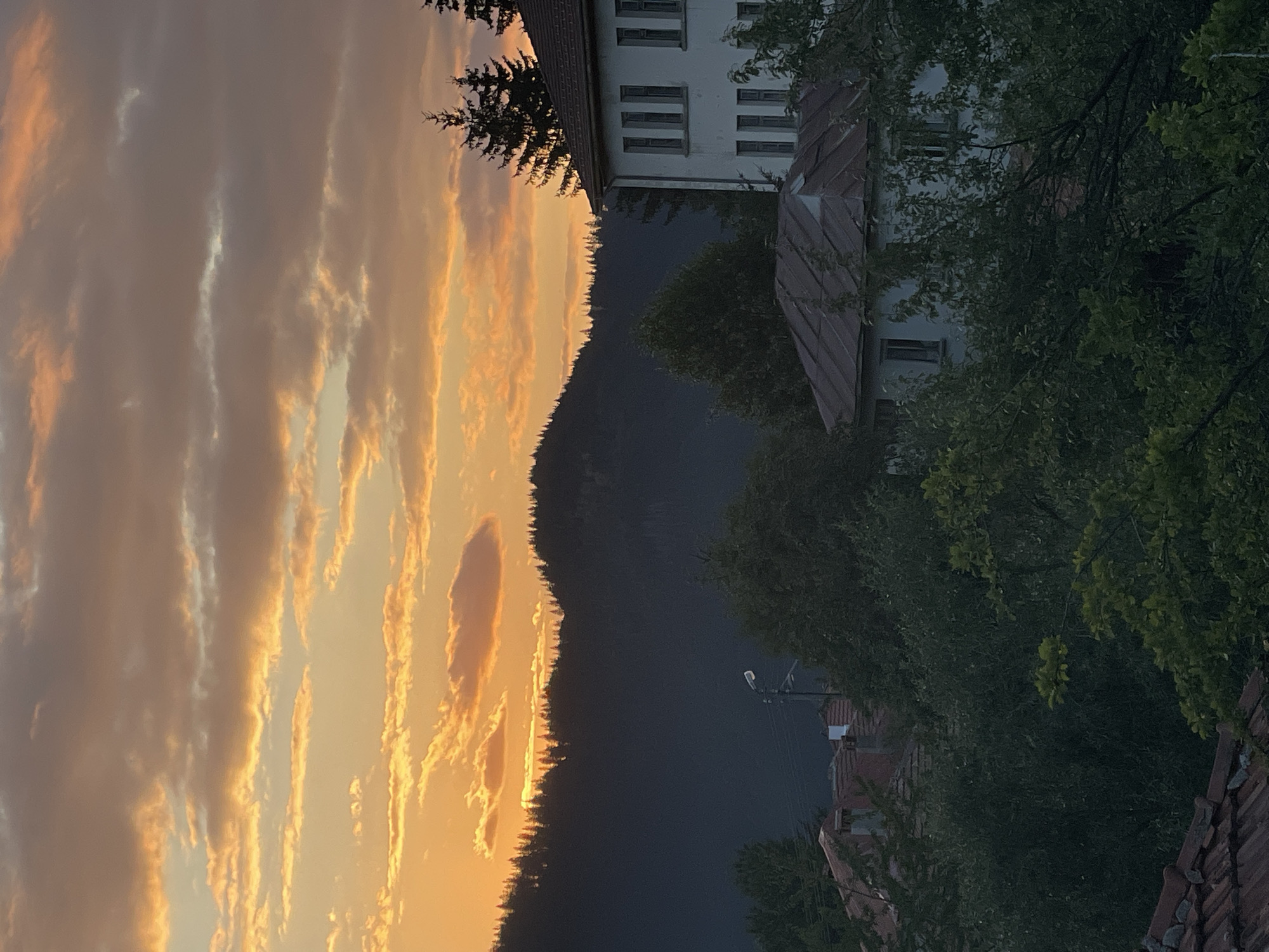 The image captures a sunset scene over a town, likely in the region of Manastir, Bulgaria, given the architectural style of the buildings and the surrounding mountainous terrain dotted with pine trees. The sky is filled with dramatic clouds painted in hues of orange, yellow, and pink, indicating the sun is low on the horizon.
In the foreground, several rooftops are visible, some with reddish-brown tiles and others with aged, weathered metal. Dense green foliage from trees and bushes obscures parts of the lower structures, suggesting a lush natural environment within or near the town.
Dominating the midground is a dark, forested mountain range. The silhouette of the trees along its crest is sharply defined against the bright sky. Partially visible in the middle right is a two-story building with a light-colored facade and multiple windows. It appears to be an institutional building or older dwelling, with a dark, sloped roof. In front of this, another, lower building with a metal roof is partially obscured by trees. Further to the left, a lamppost and power lines suggest the presence of basic infrastructure. The overall impression is one of a tranquil, rural setting at dusk.