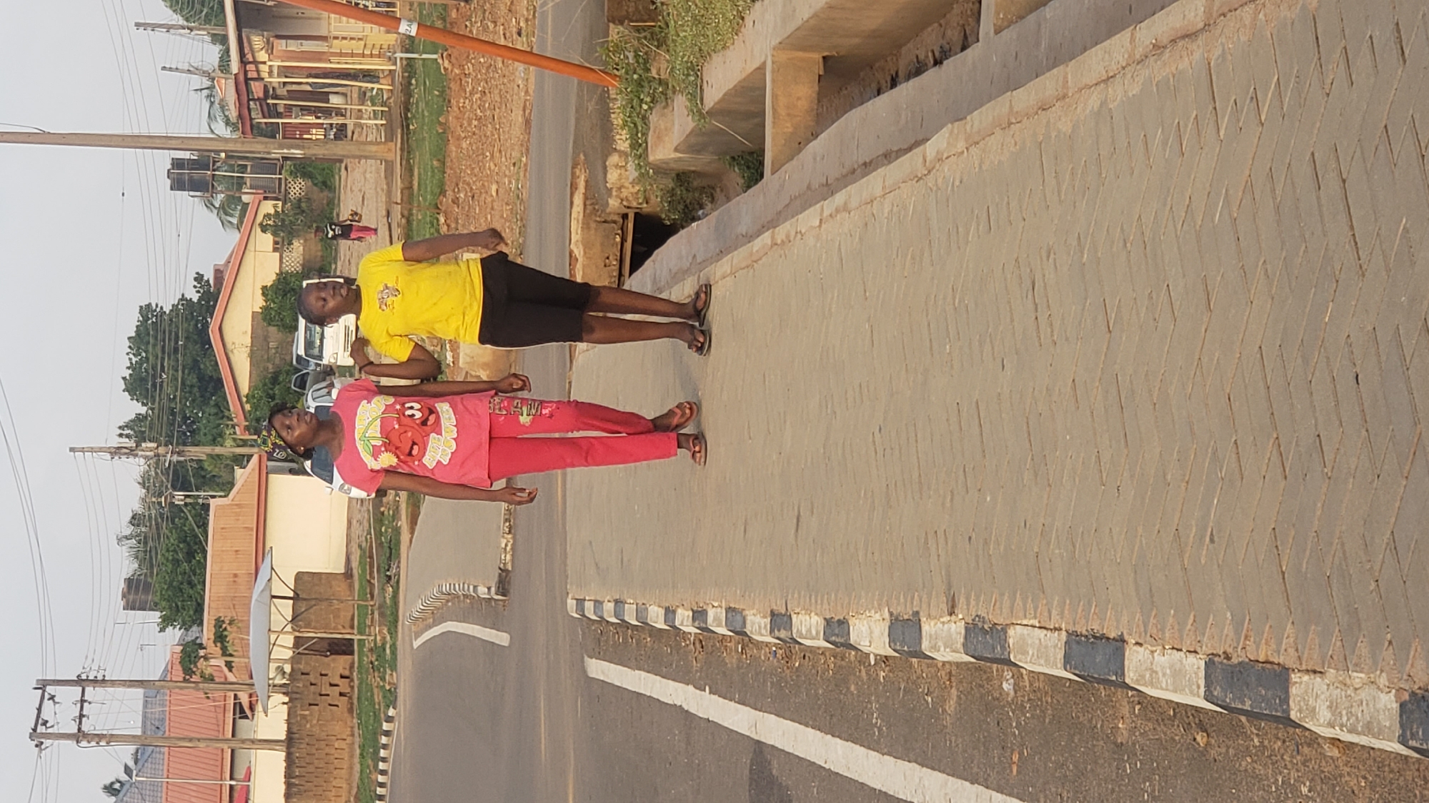 Two young women are standing on a paved walkway adjacent to a road in Narayi, Nigeria. One woman is wearing a yellow shirt and black shorts; the other is wearing a pink shirt and pink pants. They are both wearing sandals. The walkway is paved with grey herringbone-patterned stones. A low, concrete retaining wall is beside the walkway. Beyond the road are buildings, power lines, and trees.