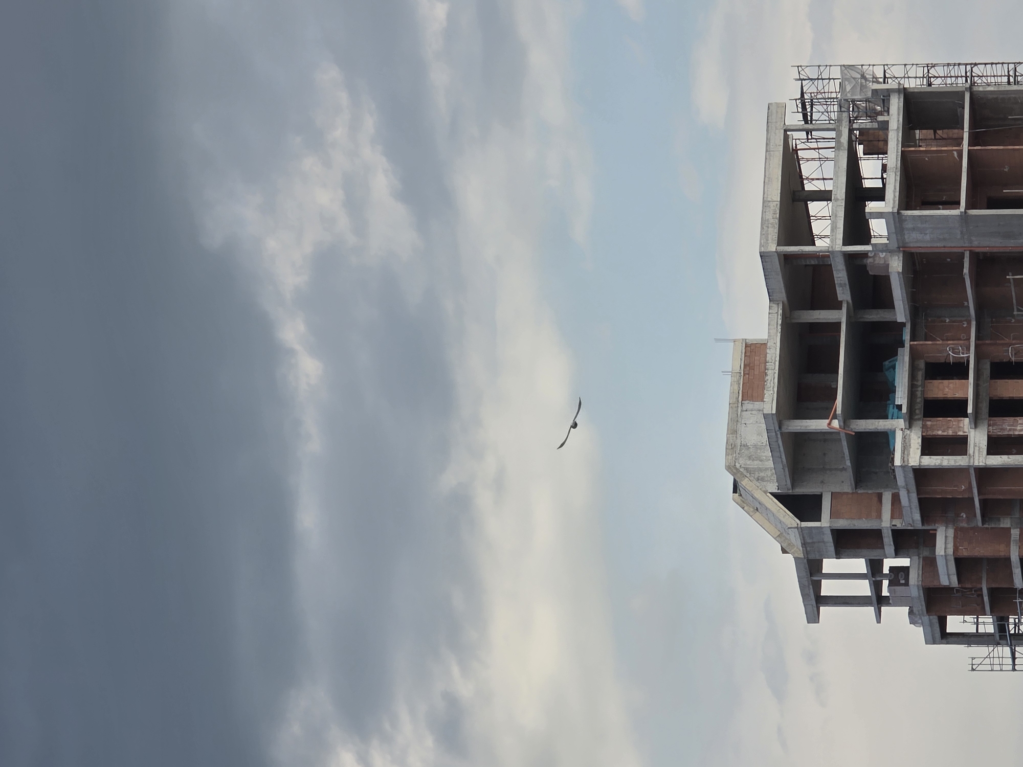 An abstract composition featuring a building under construction on the right side of the image, oriented vertically. It has a concrete framework with exposed brick in some sections. Construction scaffolding is visible at the top and bottom. To the left of the building is a sky filled with clouds. A bird is flying in the sky between the building and the dark clouds. The location appears to be Plovdiv, Bulgaria.