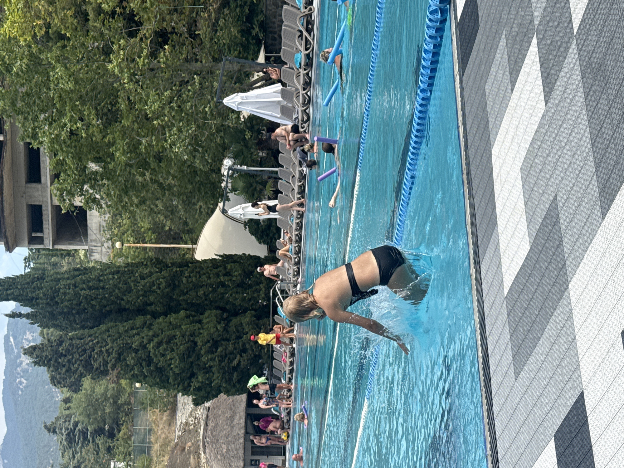 A group of people are gathered around a swimming pool. In the foreground, a young person in black swim shorts is diving into the water, creating a splash. Other individuals are visible in the pool, some with pool noodles, while others are relaxing on lounge chairs by the poolside. In the background, lush green trees and a building are present. The scene appears to be an outdoor setting on a sunny day. The geometric pattern of the pool's edge and the blue lane ropes are notable details.