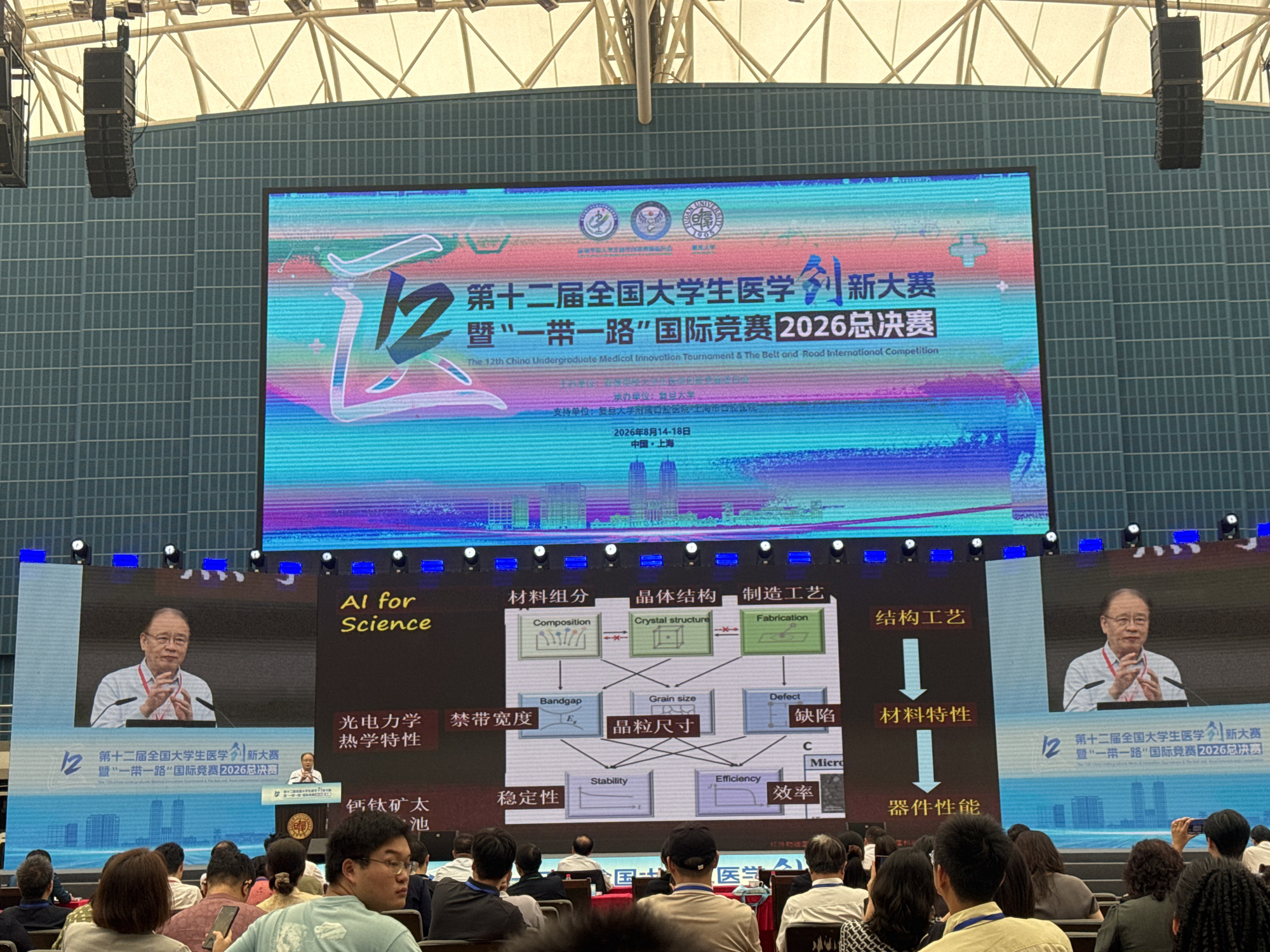 The image captures an indoor event, likely a conference or competition, taking place in Yangpu District, China, based on the text on the screen. A large LED screen dominates the scene, displaying a vibrant graphic with Chinese and English text. The main title on the screen reads "第十二届全国大学生医学创新创业大赛暨“一带一路”国际竞赛2026总决赛" and "The 12th China Undergraduate Medical Innovation Tournament & The Belt and Road International Competition". On the left side of the screen, a video feed shows an older Asian man speaking, gesturing with his hands. To the right of this video feed, a diagram illustrates relationships between "AI for Science", "材料组分" (Material Composition), "晶体结构" (Crystal Structure), and "制造工艺" (Fabrication), leading to "材料特性" (Material Properties) and "器件性能" (Device Performance). Below this diagram, various parameters like "Bandgap", "Grain size", "Defect", "Stability", and "Efficiency" are listed. The screen also shows text related to "光电力学" (Optoelectronics), "禁带宽" (Bandwidth), and "热学特性" (Thermal Properties).
In front of the large screen, a smaller screen displays another Asian man speaking, likely a presenter or speaker. A stage area is visible, with some attendees seated in the foreground, facing the screens. The environment appears to be a large hall with a high ceiling structure and grid-like wall panels. Large speaker arrays are suspended from the ceiling. Several people are visible in the audience, some holding phones, possibly taking pictures or videos. The overall atmosphere suggests a formal academic or technological event.
