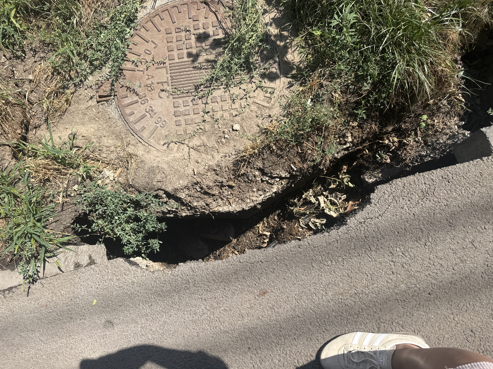 The image shows a cracked asphalt pathway next to a dirt area with overgrown grass and weeds. A manhole cover, made of metal and showing some markings, is visible in the dirt area. A person's leg wearing an Adidas shoe is in the lower left corner of the frame, indicating their presence. A shadow of a person is cast on the pathway, suggesting it is daytime. The scene appears to be on a street or sidewalk in the city of Almaty, Kazakhstan, as indicated by the markings on the manhole cover that appear to be in Cyrillic script, common in Kazakhstan. The environment is outdoor and appears to be a public space.