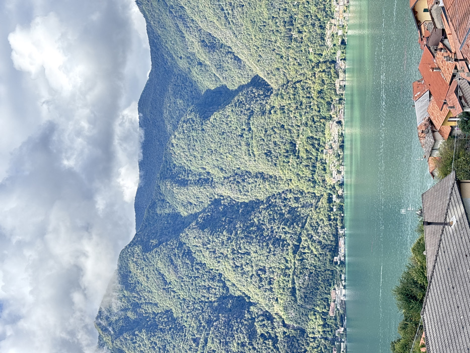 The image depicts a panoramic landscape view over a lake and mountainous terrain, situated in Nesso, Italy. In the immediate foreground, a cluster of residential rooftops is visible, predominantly featuring terracotta-colored tiles, with one prominent roof on the left having dark gray tiles and a visible chimney stack. Sparse green foliage, including trees and bushes, is interspersed among these structures.
Beyond the foreground houses, a large body of water, likely Lake Como, occupies the midground. The water exhibits a distinct turquoise-green hue and shows minimal surface disturbance, with no boats or significant reflections visible.
The background is dominated by a vast range of densely forested mountains, their slopes covered in varied shades of green vegetation. These mountains rise steeply from the far shoreline of the lake. Along the base of these mountains, on the opposite side of the lake, a series of compact settlements or towns are observed, characterized by numerous light-colored buildings with clustered rooftops. The uppermost ridges of the mountains are partially obscured by a scattered layer of white and gray cumulus clouds, with some wisps of mist or low-lying clouds clinging to the peaks. The overall lighting suggests an overcast daytime scene. No individuals or direct human actions are discernable.