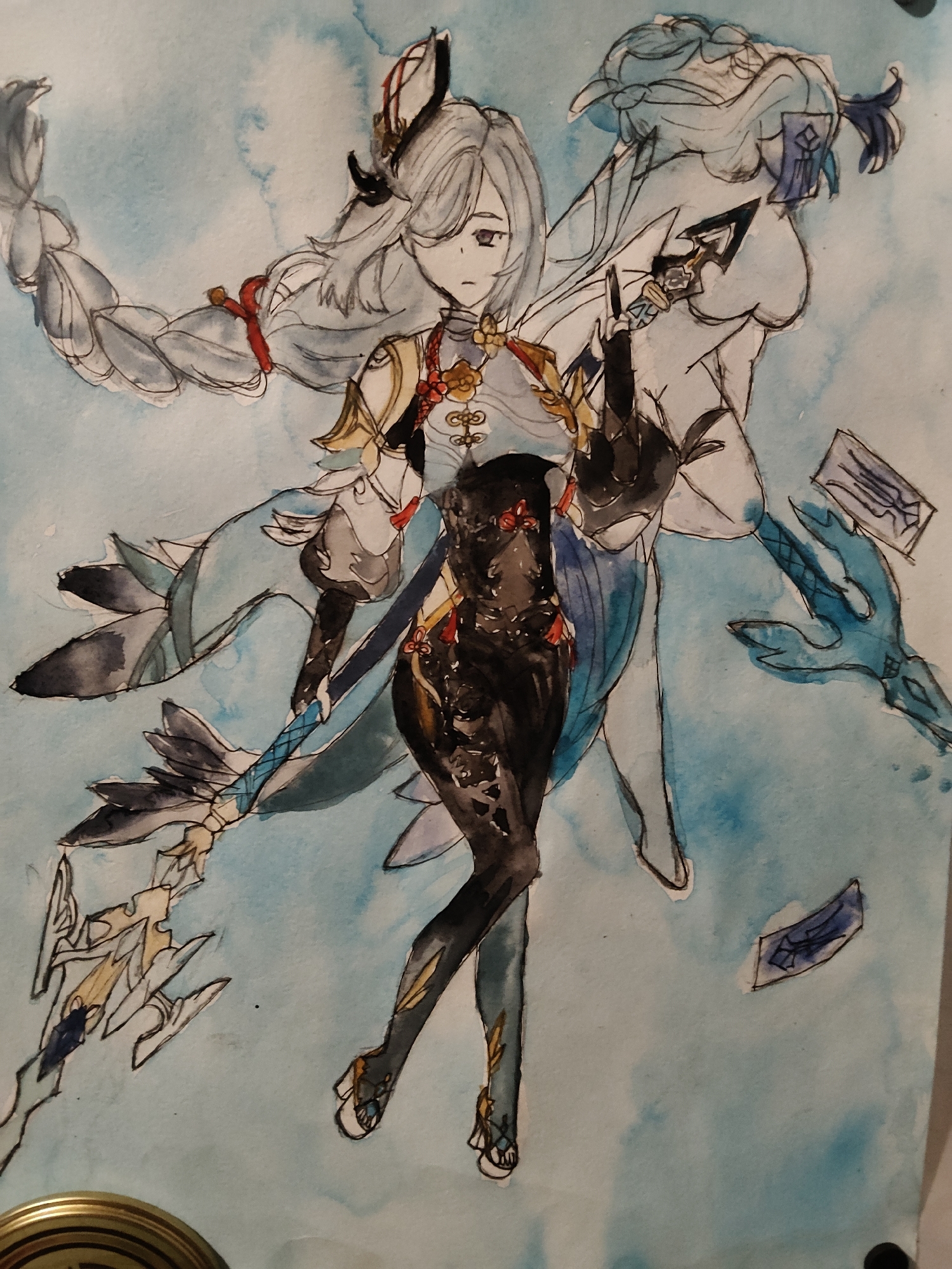 This is a watercolor painting of an anime-style female character. The character has long, light-colored hair braided into a thick plait that extends to the left of the frame. She is wearing a detailed outfit with a dark, textured bodice, light-colored sleeves with gold accents, and a blue skirt. She is holding a staff in her left hand and her right hand is raised. Behind her, a translucent, ethereal figure or aura in light blue and white is visible, also with flowing hair. Scattered around the figures are what appear to be blue, rectangular shards. The background is a wash of light blue watercolor, creating a cloudy or watery effect. The painting is rendered in a sketch-like style with visible black ink outlines. There are no identifiable landmarks or elements that would place this image in Kharkiv, Ukraine.