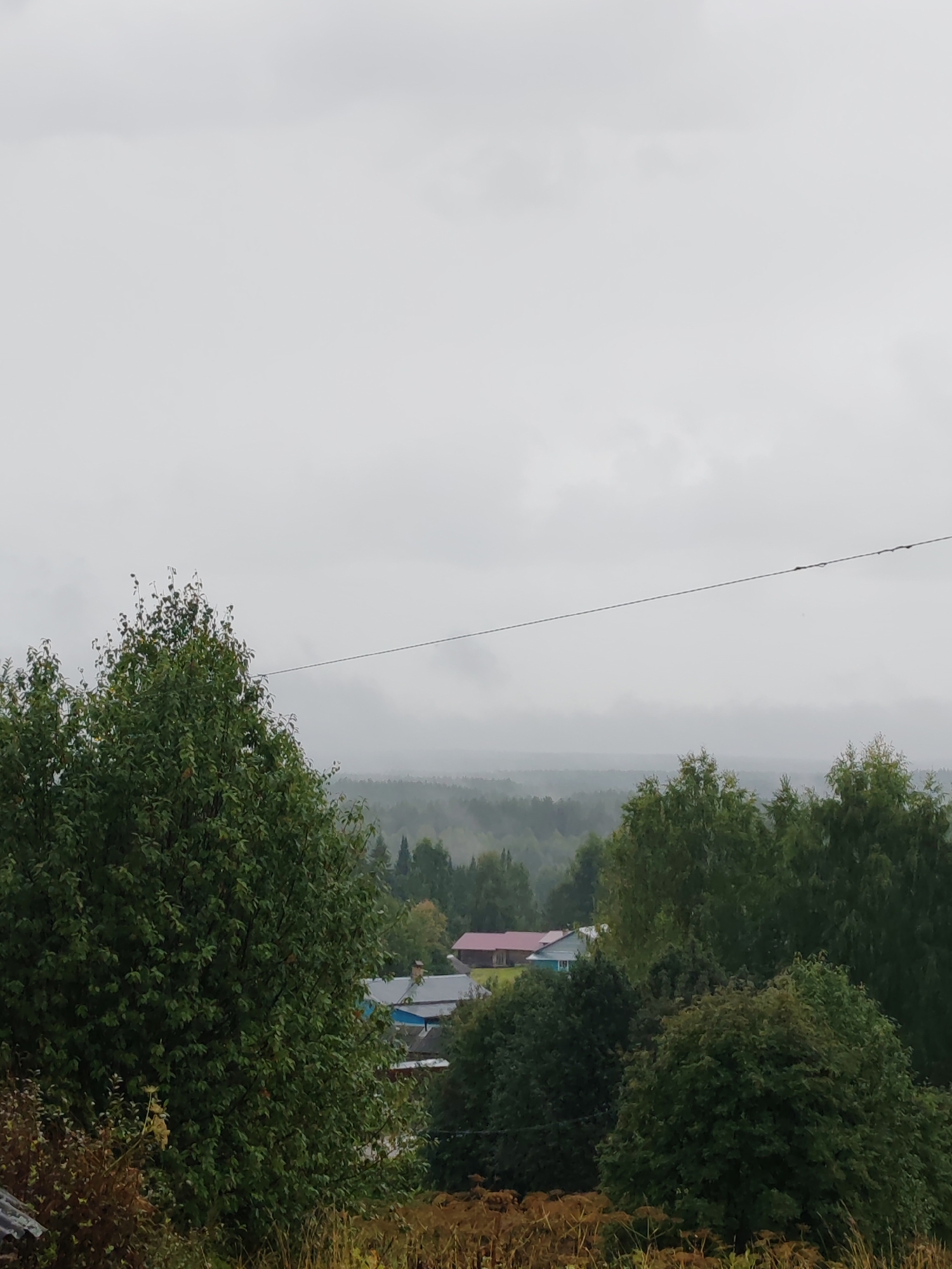 The image depicts a view of a village landscape in Chukhlem, Russia, under an overcast sky. In the foreground, a large, leafy green tree dominates the left side of the frame. Behind it, to the right, a row of houses with pitched roofs is visible, some with red and blue roofing. A thin wire stretches horizontally across the middle ground of the image. Further in the background, rolling hills covered in dense green forest recede into a misty, hazy horizon. The overall atmosphere is subdued and slightly muted due to the cloudy weather.