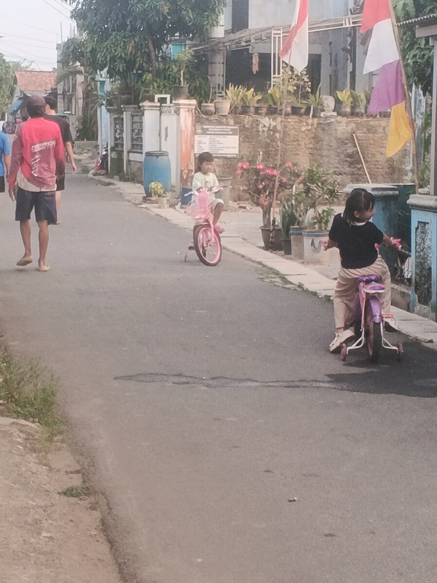 In Kadu, Indonesia, a street scene unfolds with three individuals on a paved road. In the foreground, a person in a red shirt and dark shorts walks away from the camera, their posture suggesting forward motion. To their left, another individual, partially visible, walks in the same direction. Further down the road, a young child sits on a small pink bicycle with training wheels, looking to their right. Behind this child, another young child rides a purple bicycle, also with training wheels, facing away from the camera and slightly to the right. The environment consists of houses with visible roofs and walls on either side of the road, interspersed with trees and potted plants. A large blue barrel is present near the left side of the road. Flags, including red and white and purple and yellow, are visible on poles in the background. The road surface appears worn, with some patched areas. The overall lighting suggests an outdoor, daytime setting.