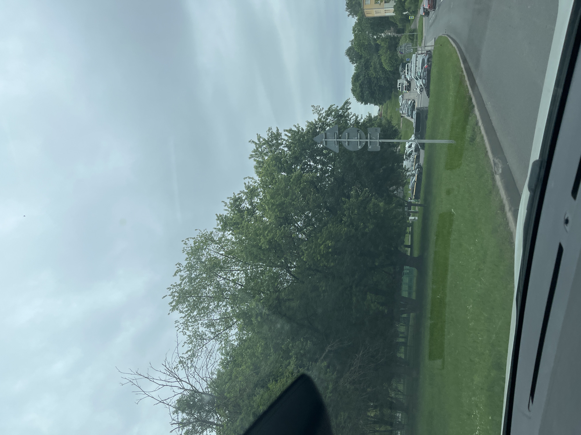 The image, taken from inside a vehicle, depicts an overcast daytime street scene in Minsk, Belarus. The sky is a uniform light grey, dominated by clouds. A paved road curves gently towards the right, bordered by a wide, lush strip of green grass. Beyond the grass and partially obscured by dense, leafy green trees, a line of cars is parked along what appears to be a side street or parking area. In the background, behind the trees and parked vehicles, light-colored buildings are visible. A cluster of road signs on a pole stands amidst the trees, though their specific symbols or any text are not discernible due to distance and angle. The trees are full of foliage, indicating a warm season like spring or summer. No people or specific activities are visible, and there is no legible text within the scene itself.