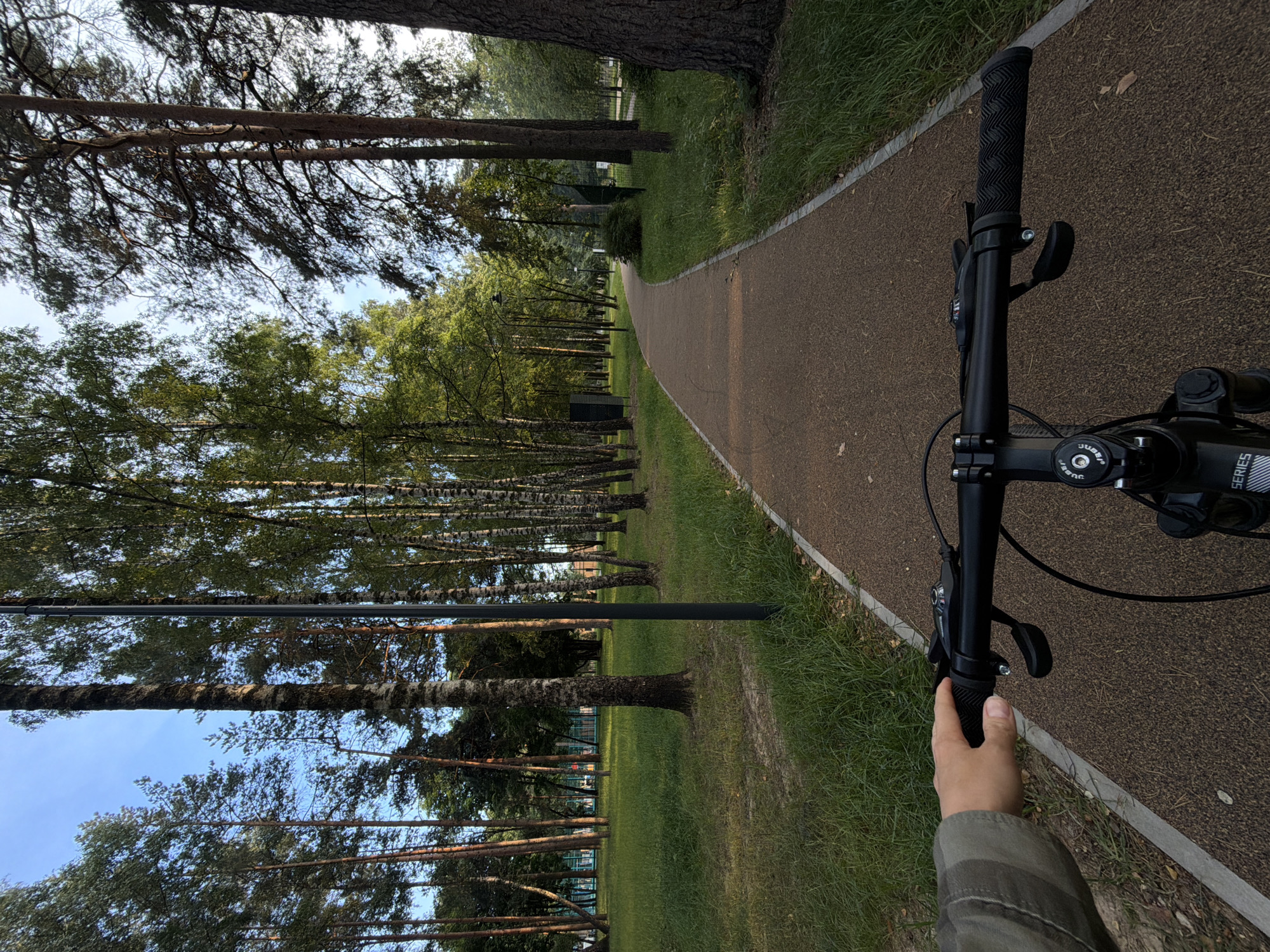 The image depicts a first-person perspective of someone riding a bicycle on a paved path through a park. The path is made of a reddish-brown granular material and is bordered by grass on the left and trees on the right. Tall birch and pine trees line the path, with lush green grass growing around their bases. In the background, a blue sports court with white lines is visible, suggesting the park may be adjacent to recreational facilities. The sky is a clear blue with a few faint rays of sunlight filtering through the trees. The cyclist's hands are on the handlebars, with the left hand visible gripping the left handlebar. The bicycle appears to be a mountain bike, with visible gears and brake levers on the handlebars. The overall impression is a serene, outdoor scene in a park setting. While the city of Malakhovka, Russia is mentioned, there are no specific visual cues within the image to confirm this location.