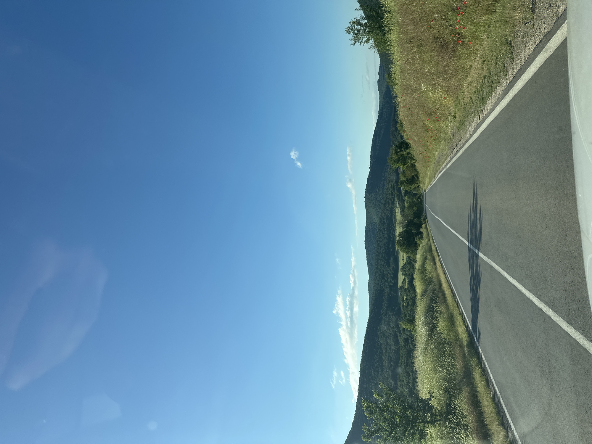 An eye-level, outdoor, long-shot photograph shows an asphalt road with a solid white line down the center on the right side and the bright-blue sky on the left. The road runs from the foreground to the horizon. The road is bordered by a vegetation-covered area that includes trees, tall grassy areas, and a mountain range. This area is located in Pryaporets, Bulgaria.