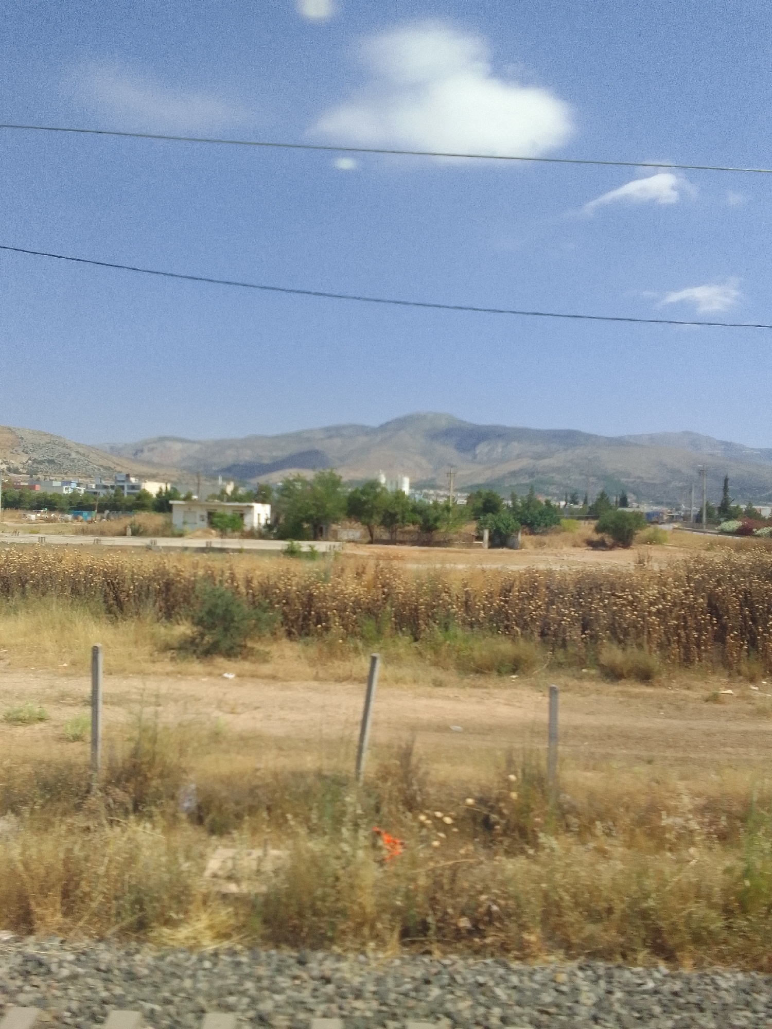 The image shows a view of a rural or suburban landscape with a clear blue sky and some scattered white clouds. In the foreground, there is dry vegetation and some wooden fence posts. In the middle ground, there are some buildings, including what appears to be a small white structure and some trees. Further in the background, there are hills or mountains, with some signs of habitation such as buildings and power lines visible on the slopes. The overall impression is of a dry, possibly Mediterranean environment. This scene is identified as being in the Municipal Unit of Ano Liosia, Greece.