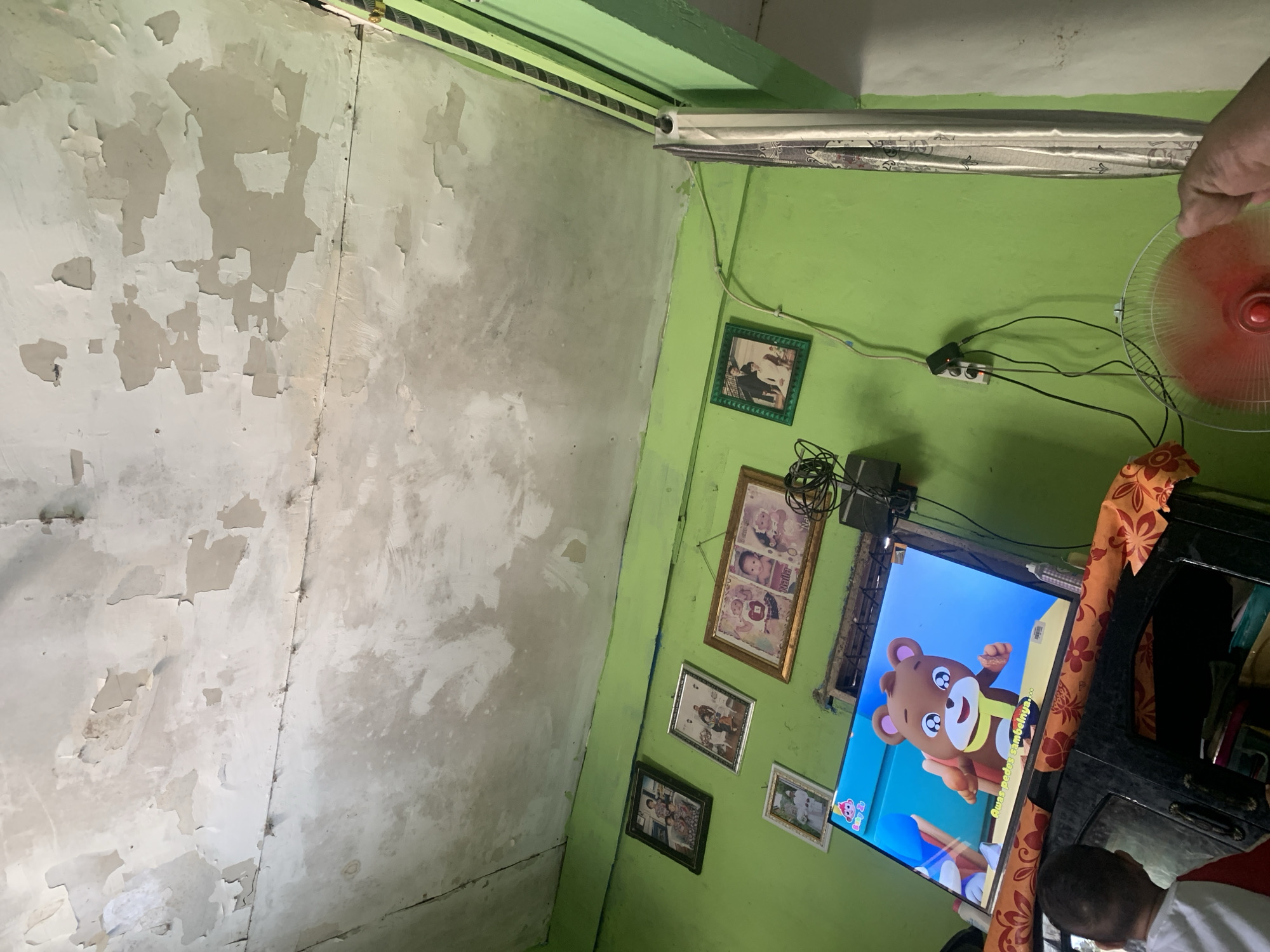 The image depicts an interior scene in what appears to be a residential setting. The walls are painted a vibrant green, and the ceiling shows signs of deterioration with peeling paint. Several framed photographs hang on the wall, displaying family portraits. In the foreground, a television screen shows a cartoon character, a brown bear, with Indonesian subtitles. A person's hand is visible in the lower right corner, and a red electric fan is also present. The overall impression is of a simple, lived-in space. While the image does not provide direct information about its specific location within Palembang, Indonesia, the presence of Indonesian subtitles on the television and the style of the interior suggest a domestic environment within the country.