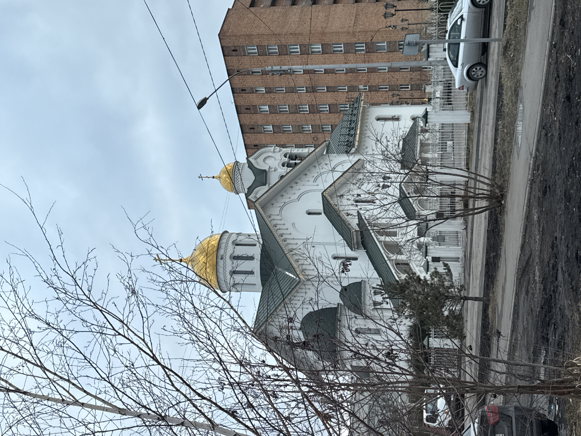 The image shows the Annunciation Cathedral in Krasnoyarsk, Russia. The white church with green roofs and gold domes is partially obscured by bare tree branches in the foreground. A brown brick building stands behind the cathedral. A sidewalk runs alongside the church. A silver car is parked on the street next to the sidewalk. The sky is overcast. A street light and power lines are visible above. A portion of a parked car is seen in the lower right corner.