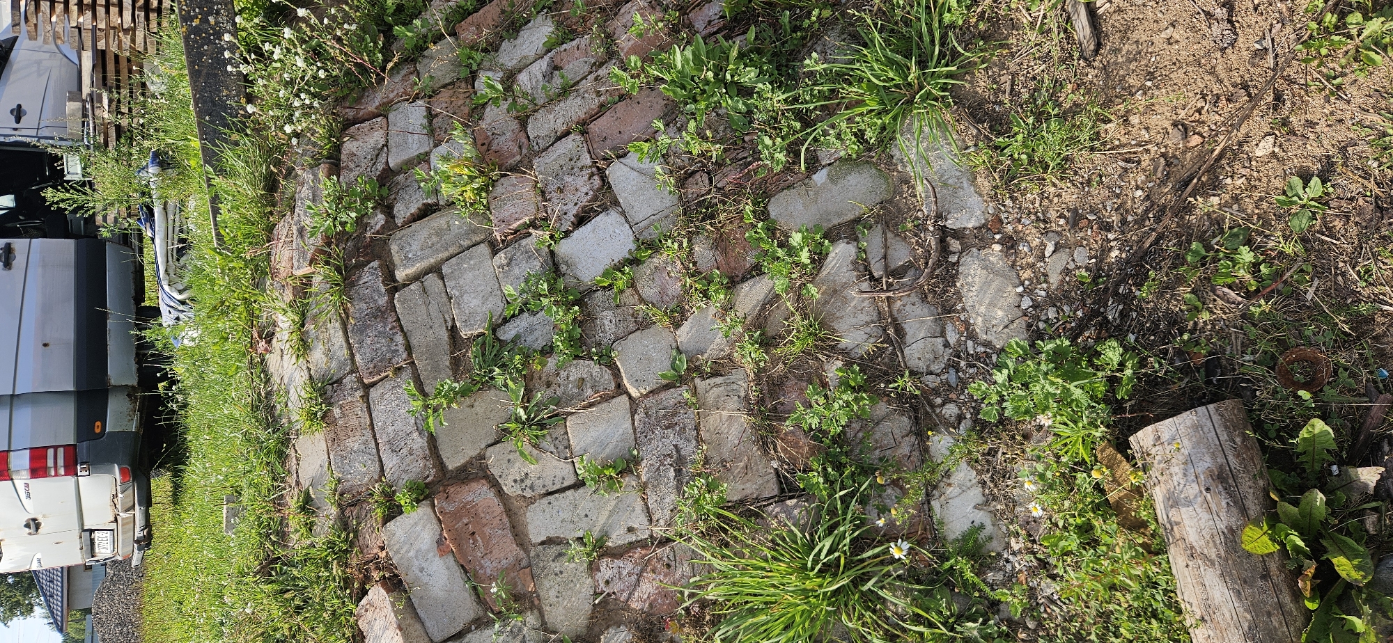 The image shows an outdoor scene with a paved area made of bricks, overgrown with grass and weeds. A portion of a silver van is visible in the upper left, with its rear and side doors open. Scattered debris and a wooden log are present on the ground. The environment appears to be a rural or semi-rural area, consistent with the location in Мазалаўскі сельскі Савет, Belarus. The brickwork is irregular, with some bricks appearing weathered and cracked. The vegetation is lush and untamed, indicating a lack of recent maintenance.