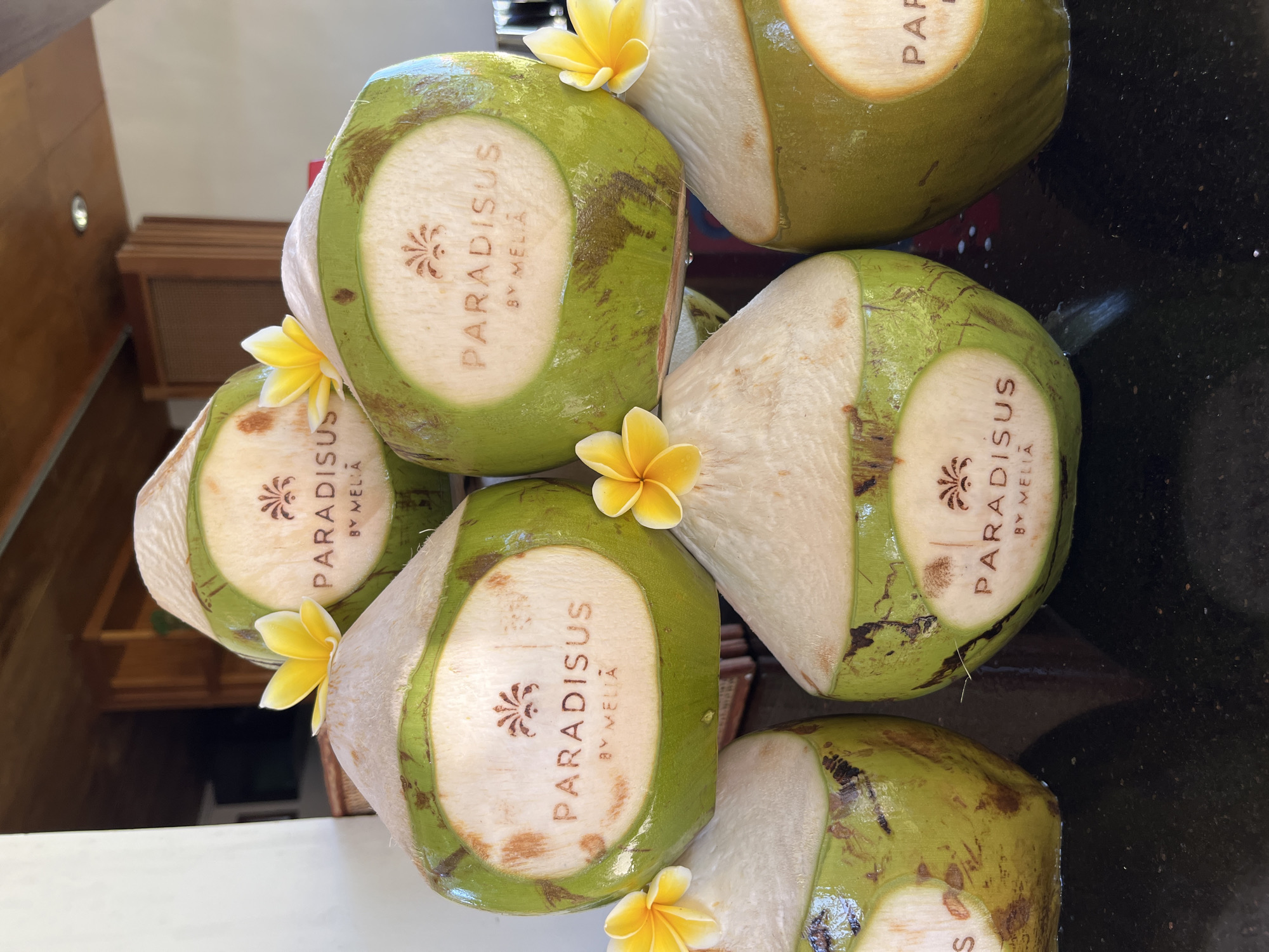 Six green coconuts are stacked in a pyramid formation on a dark, reflective surface, likely a countertop in a resort or restaurant in Kuta Selatan, Indonesia. Each coconut has a light-colored oval branded with the text "PARADISUS BY MELIA" and a small, stylized palm tree logo. Several yellow plumeria flowers are placed atop some of the coconuts. The coconuts are partially opened at the top, revealing the white flesh within. The background is blurred but suggests an indoor setting with wooden structures and diffused lighting.