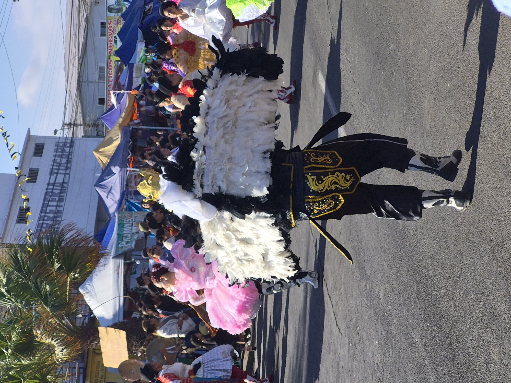 The image depicts a street parade in Arica, Chile, under a clear blue sky. A central figure, seemingly a performer, is dressed in a large, feathery costume with black and white plumes, and black pants adorned with gold embroidery. The performer wears black and white boots. To the left, another performer in a voluminous pink dress with puffy sleeves is captured mid-motion. In the background, a crowd of spectators lines the street, interspersed with market stalls covered by colorful tents. One tent prominently displays the word "PICARONES." Further in the distance, buildings are visible, including one with signage that appears to read "HERRERIA TUCAPEL." The ground is asphalt, marked with white lines. The overall scene suggests a festive cultural event.