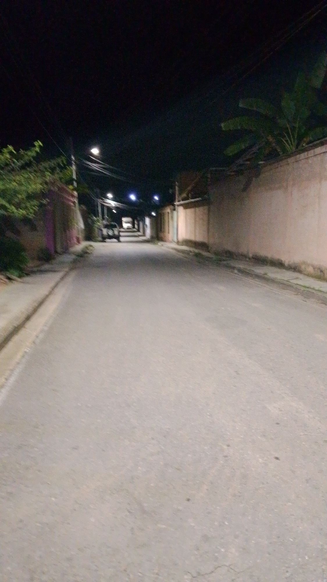 The image displays a deserted street at night in Tinaquillo, Venezuela. The asphalt road, a muted gray, stretches straight into the distance, devoid of people or active vehicles. Sidewalks are present on both sides, with the left one featuring a visible curb and path.
Tall walls flank the street, likely belonging to residential or commercial properties. The wall on the right is light-colored, topped with large, dark green leaves, possibly from a banana plant. On the left, smaller green bushes and trees grow densely, partially obscuring a wall behind them.
Several streetlights punctuate the darkness, casting bright pools of light and long shadows along the pavement. Their glow illuminates the texture of the road and the lower sections of the surrounding walls. Overhead, power lines are visible, crisscrossing the dark sky between poles. Further down the street on the left, a parked vehicle, possibly a jeep or SUV, is dimly discernible under the artificial light. Beyond it, vague outlines of additional structures or buildings fade into the distant darkness.
The scene conveys a sense of stillness and emptiness, characteristic of a street late at night. No activity or events are taking place. The time of day is definitively night, with artificial lights providing all illumination. There is no visible text within the image. The overall impression is one of quiet solitude in an urban or semi-urban environment.