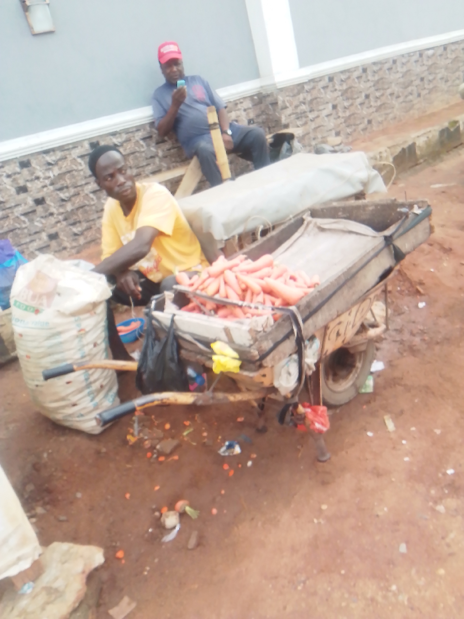 A vendor sits near a cart loaded with carrots on a dirt road. Beside the cart is a large sack. Behind the vendor, another man in a red cap is sitting and looking at a phone. The location is Unknown, Unknown.
