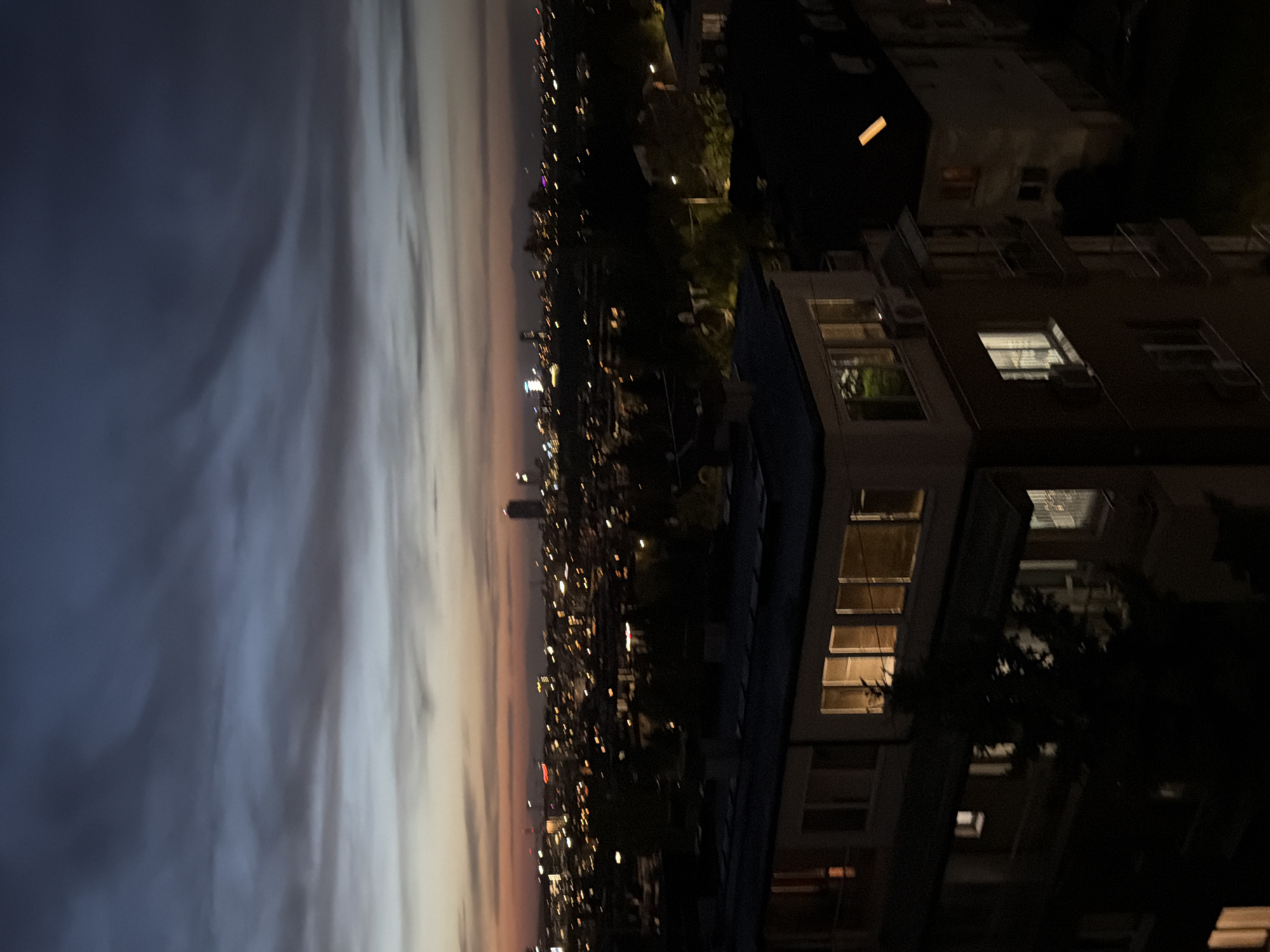 This vertically oriented photograph captures a panoramic night or dusk view of Sofia, Bulgaria, from an elevated perspective. The scene is divided into a dark foreground, a light-dotted midground city, and a twilight sky.
In the immediate foreground, on the right side of the image, parts of dark buildings are visible, likely apartment complexes or offices. Several windows within these buildings are illuminated, casting warm yellow and orange light, revealing glimpses of interior spaces. Some architectural details, possibly balconies or rooftop structures, are discernible in silhouette. A dark, leafy tree is also present, partially obscuring the view of the buildings.
The midground is dominated by a sprawling cityscape stretching horizontally across the frame, characterized by countless small, bright city lights. These lights, mostly warm-toned, punctuate the dark urban fabric, suggesting a vast and densely populated area.
In the background, the sky displays a gradient of twilight colors. Starting from a deep, muted blue and grey at the top, it transitions into softer, warmer hues of orange and pink closer to the horizon, indicative of a recent sunset or early dawn. Streaky, indistinct clouds are scattered across the sky, absorbing the ambient light.
No people or specific activities are visible in the image. The overall impression is one of urban tranquility and expanse at night. A small, bright, rectangular yellow-orange object appears in the upper right, floating against the dark background, possibly an artificial light source or a distant illuminated structure. There is no visible text.