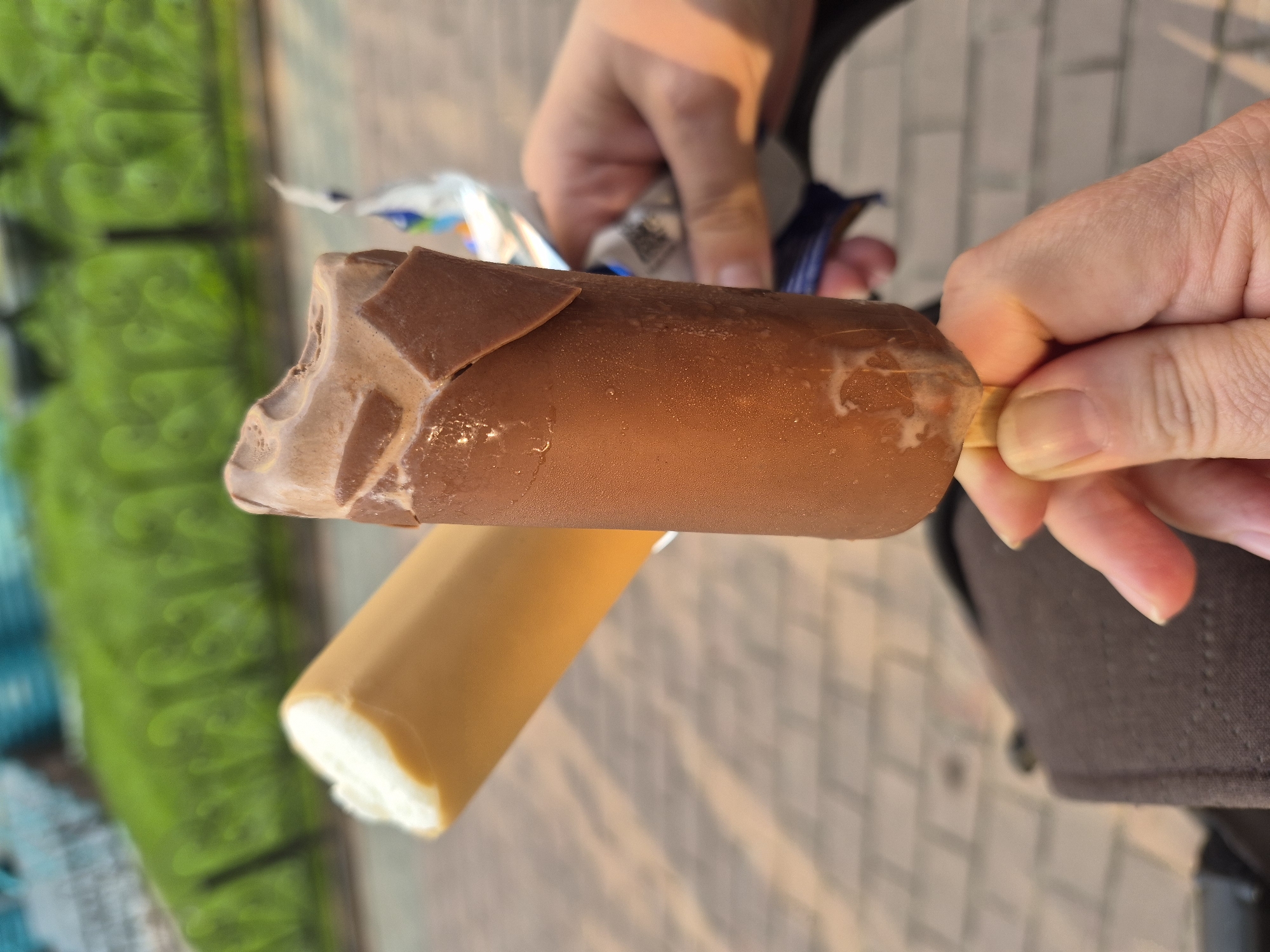 In Nyagan, Russia, two people are holding ice cream bars. One is a chocolate-covered ice cream bar with a bite taken out of it, and the other is a lighter-colored ice cream bar with a bite taken out of it. The ice cream bars are held in front of a blurred background of green foliage and a paved walkway. The scene appears to be outdoors, possibly in a park or recreational area.
