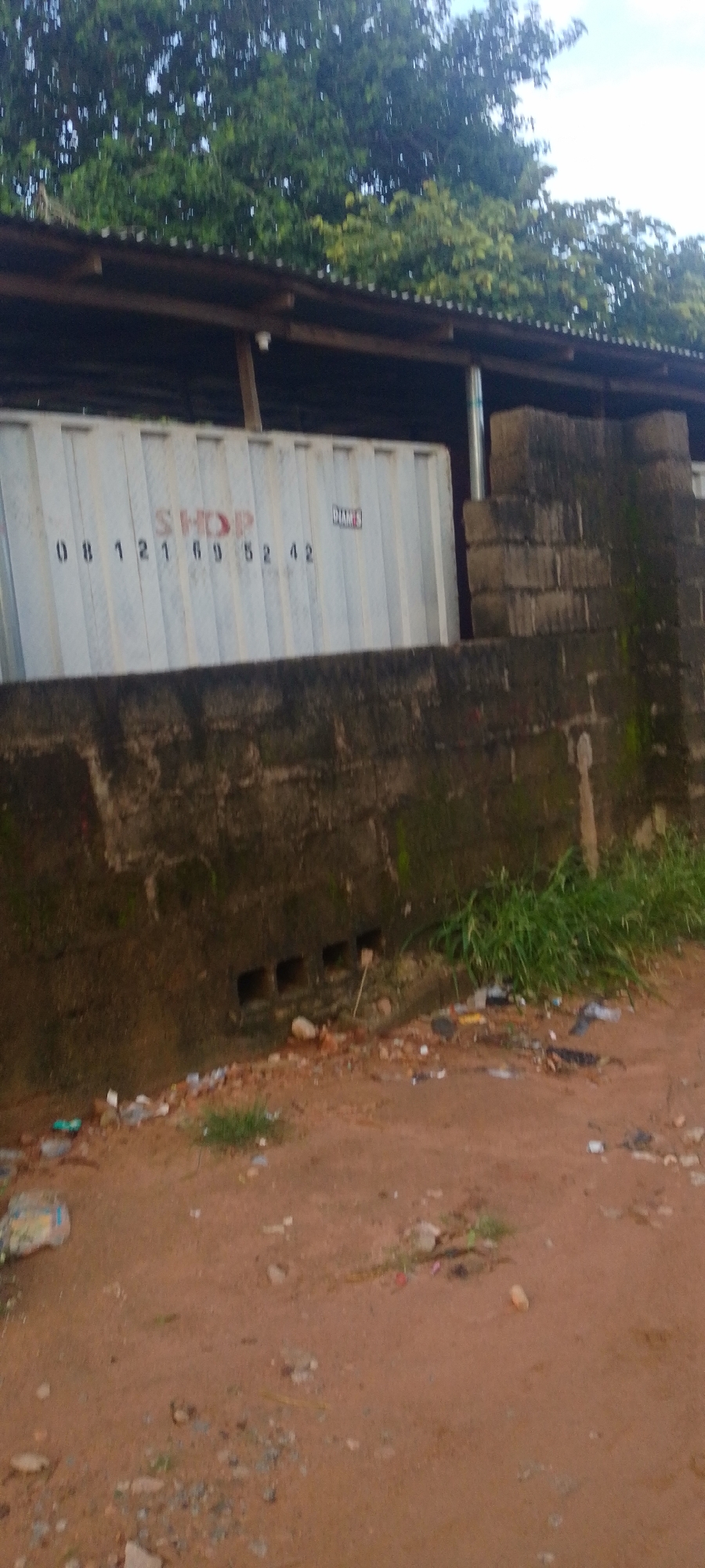 A weathered white shipping container with the text "SHOP" and a phone number "08121695242" is visible in the mid-ground of the image. To the right of the container, a wall constructed from grey cinder blocks is visible, with moss growing on its surface. Beyond the wall, lush green trees are seen, with some leaves appearing yellow. The ground in the foreground is reddish-brown dirt, littered with debris, including plastic waste and small stones. Some patches of green grass are scattered across the dirt. The scene suggests an outdoor, possibly industrial or storage area, with a backdrop of natural vegetation. The lighting suggests it could be daytime, but the sky is not clearly visible. The overall impression is of an unkempt, functional space.