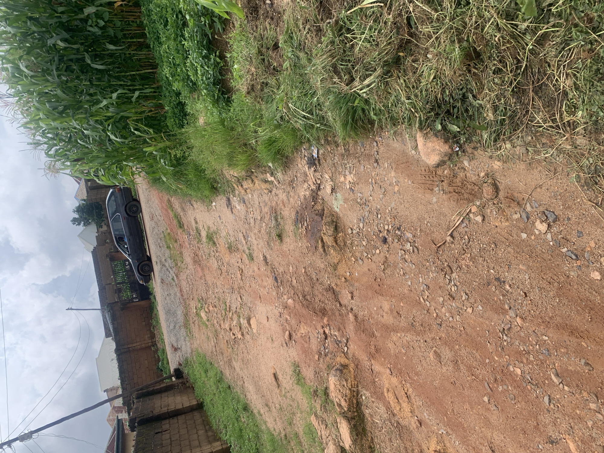 The image depicts a dirt road in Jos, Nigeria, leading uphill. On the left side of the road, there's a brick wall and scattered grass. Further up the road, a dark-colored station wagon is parked. To the right of the road, there are tall corn stalks and other green foliage. The sky is cloudy. The overall impression is of a rural or semi-urban area with agricultural activity.