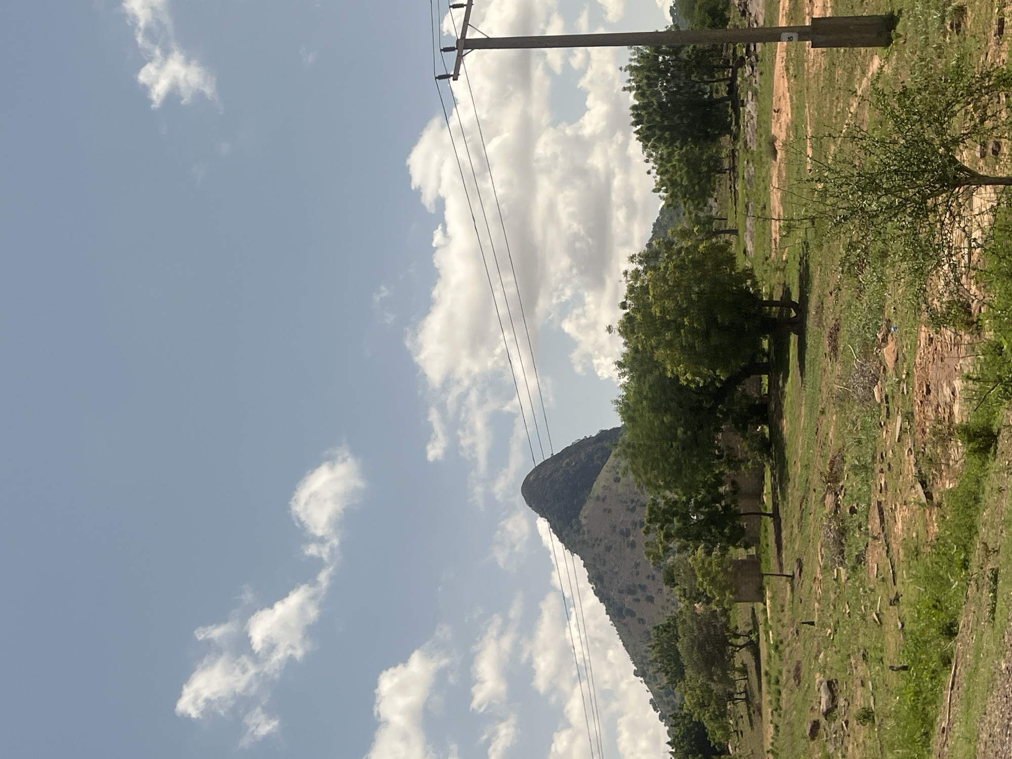 The image displays a daytime rural landscape featuring a prominent, conical mountain under a partly cloudy sky. The sky is light blue with scattered white cumulus clouds of varying sizes. A large, steep-sided mountain, dark green to brownish in hue, rises in the background, its peak slightly left of center. The mountain's slopes show sparse vegetation and rugged terrain.
In the midground, numerous green trees, mostly deciduous, are interspersed across the landscape. Two small, simple structures, possibly stone or concrete buildings, are partially visible among the trees in the mid-left area. The ground consists of uneven patches of green grass, low vegetation, and reddish-brown earth, with scattered rocks.
On the far right of the foreground, a concrete utility pole with three insulators and multiple overhead power lines extends vertically out of the frame. The power lines stretch horizontally across the middle of the image, passing in front of the mountain. A small, bushy green plant is visible in the immediate lower right foreground. No people or animals are present. The scene is consistent with a natural landscape in an area such as Balanga, Nigeria, characterized by hills and savanna-like vegetation.