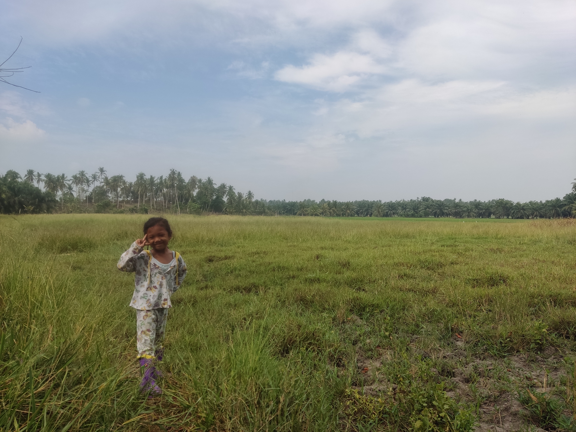 A young girl stands in a grassy field, smiling and making a peace sign. She is wearing a light-colored pajama set with a cartoon print and purple boots. The field is vast and green, with tall grass in the foreground and shorter grass stretching into the distance. In the background, a dense line of palm trees forms a horizon, with a pale blue sky dotted with clouds above. The scene appears to be an outdoor rural environment, likely in the region of Payadua, Indonesia, given the presence of palm trees and the overall landscape. The lighting suggests it is daytime, with soft, diffused light.