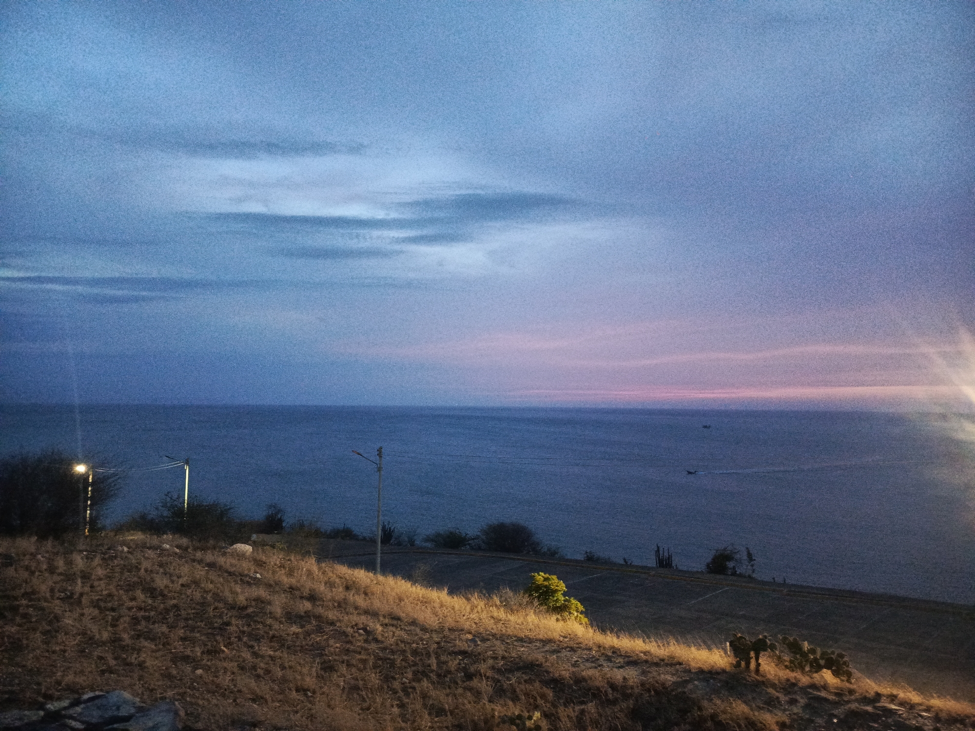 The image depicts a coastal landscape at dusk in Juan Griego, Venezuela. A grassy hill slopes down towards the sea, illuminated by the setting sun or artificial light. Patches of dry vegetation and a few small trees dot the hillside. A paved area or road runs parallel to the coastline. In the distance, the sea stretches to the horizon under a cloudy sky with pink hues. There are boats in the ocean. Several street lights are seen to the left.