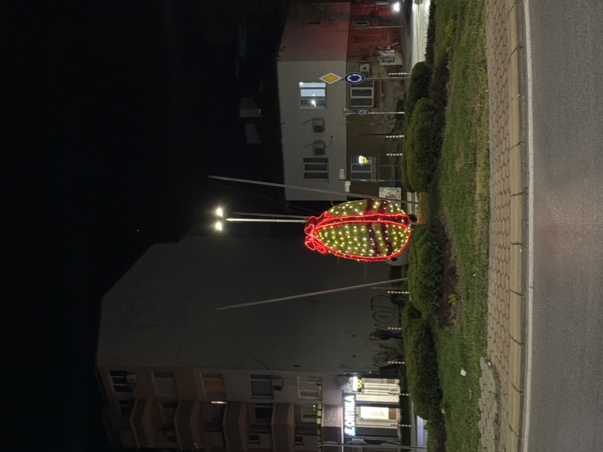 At night in Blagoevgrad, Bulgaria, a street scene is visible, featuring a large, spherical decorative light fixture adorned with yellow and red lights. The fixture is positioned near a row of green bushes separating the sidewalk from the road. Buildings are visible in the background, including a taller apartment building and a smaller building with a red facade. Streetlights illuminate the scene. A road sign is visible on the smaller building. The street is paved.