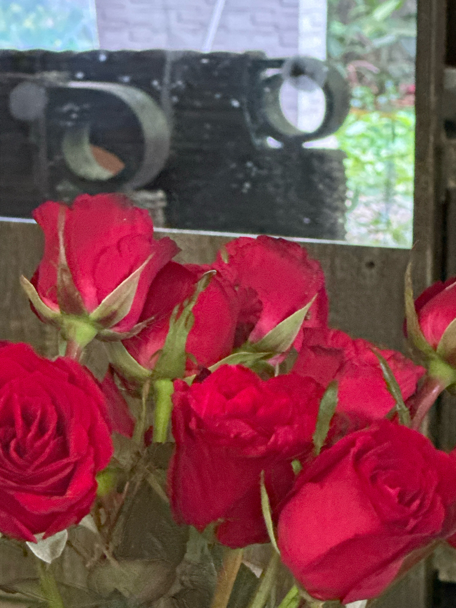 A close-up, shallow depth-of-field shot shows a bouquet of several red roses in bloom. The roses are in focus in the foreground, with their vibrant red petals and green stems clearly visible. In the blurred background, elements of a dark, rough-textured structure are visible, possibly a stone pillar or decorative architectural feature. The environment suggests an outdoor setting, possibly a garden or patio area in Blahbatuh, Indonesia, with hints of greenery and diffused light in the distance. The overall impression is of a naturalistic still life with a focus on the beauty of the flowers.