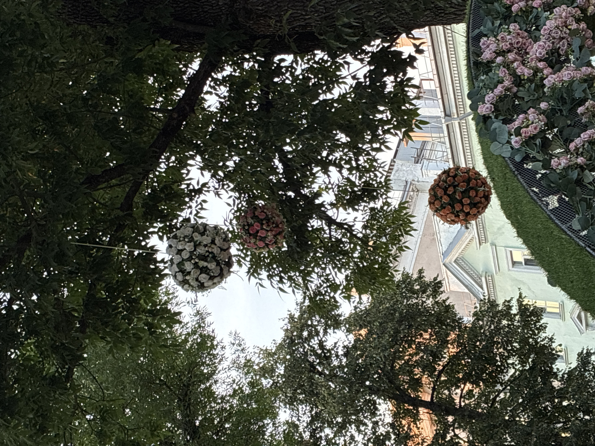 The image captures an outdoor scene with trees and buildings. Hanging from tree branches are three spherical floral arrangements. The topmost sphere is white, the middle one is pink, and the bottom one is orange. The background features a light green building with ornate architectural details and windows. In the foreground, a curved structure covered in artificial grass and pink flowers is visible, with a mesh fence. The image appears to be taken in the city of Mahilyow, Belarus, likely in a public space or garden area adorned for an event or decoration. No people are visible in the image.