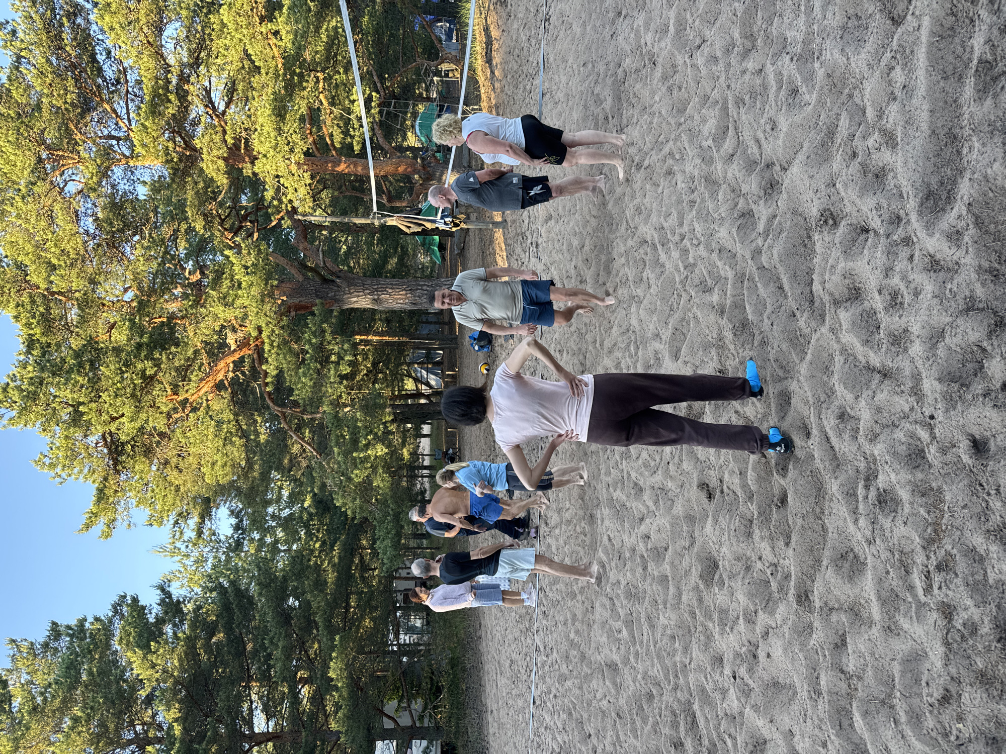 A group of ten people are gathered on a sandy beach, with a volleyball net set up in the background. The people are of various ages and genders, dressed in casual beachwear. Some appear to be in mid-conversation, while others are observing or preparing for an activity. The environment is a natural setting with numerous pine trees surrounding the beach. In the further background, there are glimpses of campers and possibly recreational vehicles, suggesting a campsite or holiday area. The sky is clear and blue, indicating fair weather. The overall scene depicts a leisurely gathering in an outdoor recreational space.