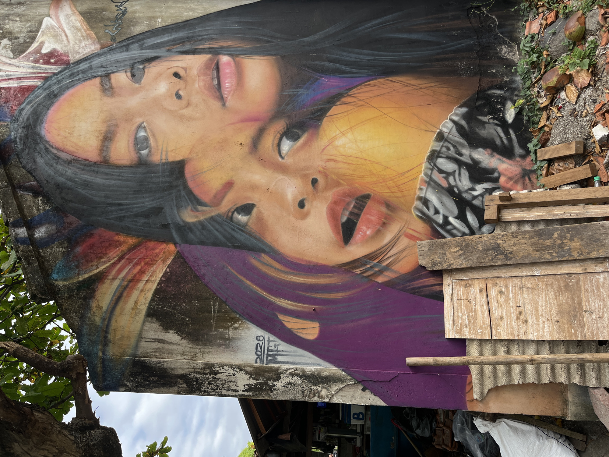 A graffiti mural of two young girls adorns a concrete wall in Kuta, Indonesia. The mural features a frontal view of the girls' faces, with one slightly behind the other. The girl in front has wide, expressive eyes and an open mouth, while the girl behind her has her face partially obscured but her eyes are visible, looking directly at the viewer. Their hair is dark and falls around their faces. The background of the mural incorporates abstract colorful elements, including purple, yellow, and red hues. The wall itself is weathered and shows signs of age. In the foreground, several pieces of scrap wood and corrugated material are piled against the base of the wall, along with some greenery and fallen leaves. A tree branch with green leaves extends from the upper left corner, partially obscuring the sky, which appears overcast. To the left of the mural, part of a rustic structure with a corrugated roof is visible. The overall scene suggests an outdoor urban environment, likely in a less maintained area of Kuta.