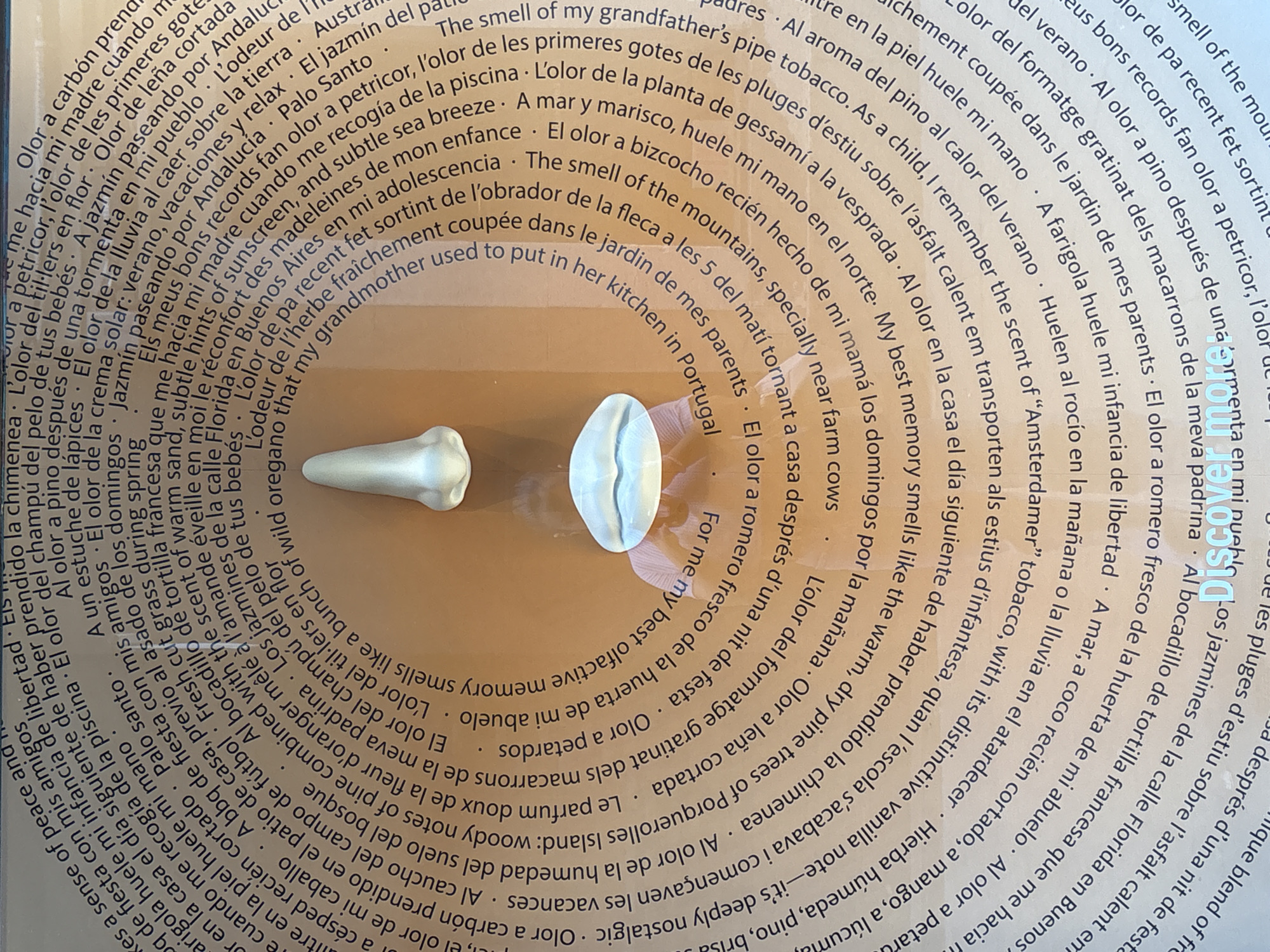 The image shows two small, possibly ceramic or plastic, tooth-shaped objects resting on a tan surface covered with text. The text is arranged in a circular pattern, with phrases in multiple languages (Spanish, Catalan, French, and English) describing olfactory memories. The phrases seem to relate to scents associated with childhood, family, places, and food. Based on the mentions of "Barcelona," "Buenos Aires" and "Calle Florida", the location is in the city of Barcelona, Spain, where text with similar themes has been observed, as well as being related to Buenos Aires (Argentina), Calle Florida.