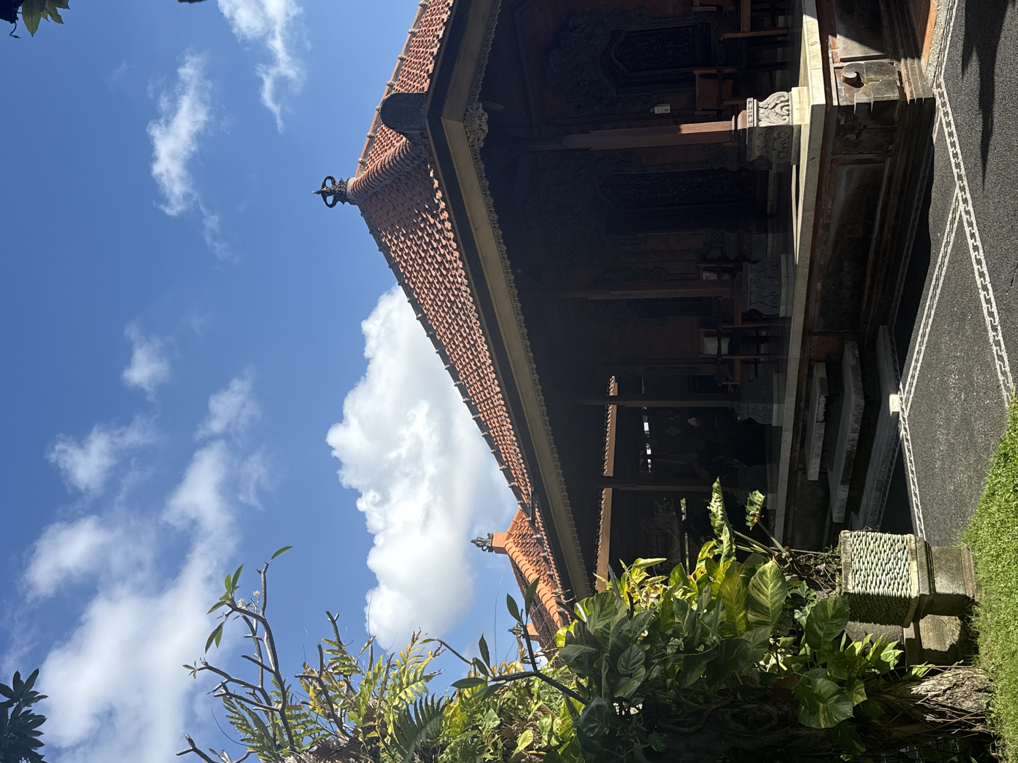 A sunny day in Denpasar, Indonesia, features a traditional Balinese building with a terracotta tile roof. The building showcases intricate dark wood carvings on its facade and pillars. A covered veranda with wooden chairs suggests a place for relaxation or gathering. Lush green foliage, including a large tree with exposed roots and a potted plant, frames the left side of the scene. The ground is paved with dark asphalt and decorative white patterns. The sky is a vibrant blue, dotted with fluffy white clouds.