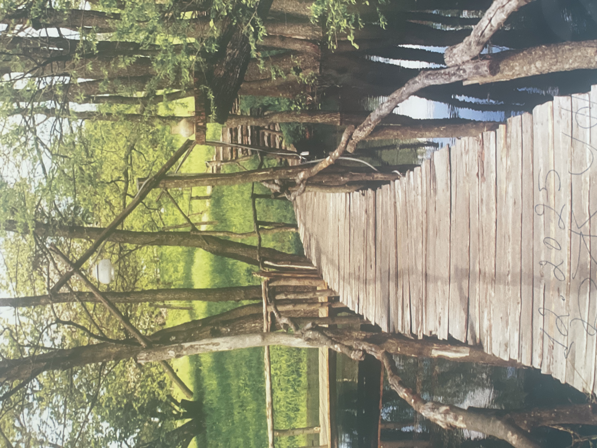 The image shows a wooden bridge over dark water, with trees and lush green grass surrounding it. The bridge is made of rough-hewn planks and has a rustic railing constructed from branches. In the background, a set of wooden stairs ascends to a higher level, and a light fixture hangs from a structure made of branches. A clay pot is visible on a platform near the stairs. The scene appears to be in a natural, possibly wooded, area. The photograph has handwriting at the bottom, which reads "12.2025". This image is not located in the city of Poltava, Ukraine.