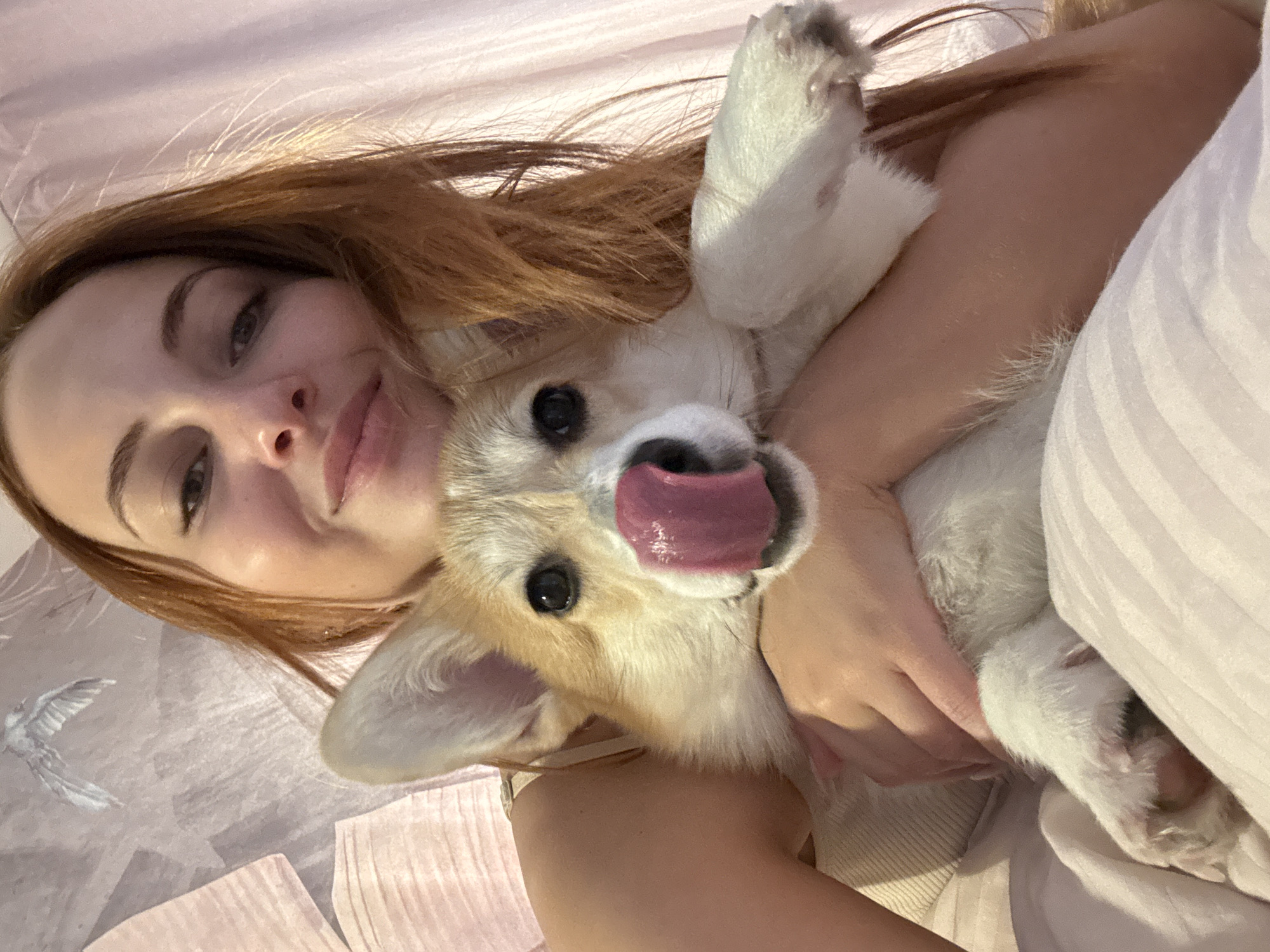 A woman with long red hair holds a tan and white corgi dog. The dog has its tongue out. The background is pink bedding with a bird pattern. The photograph appears to be taken indoors. There is no information to suggest the location is in the city of Chaikovsky, Russia.