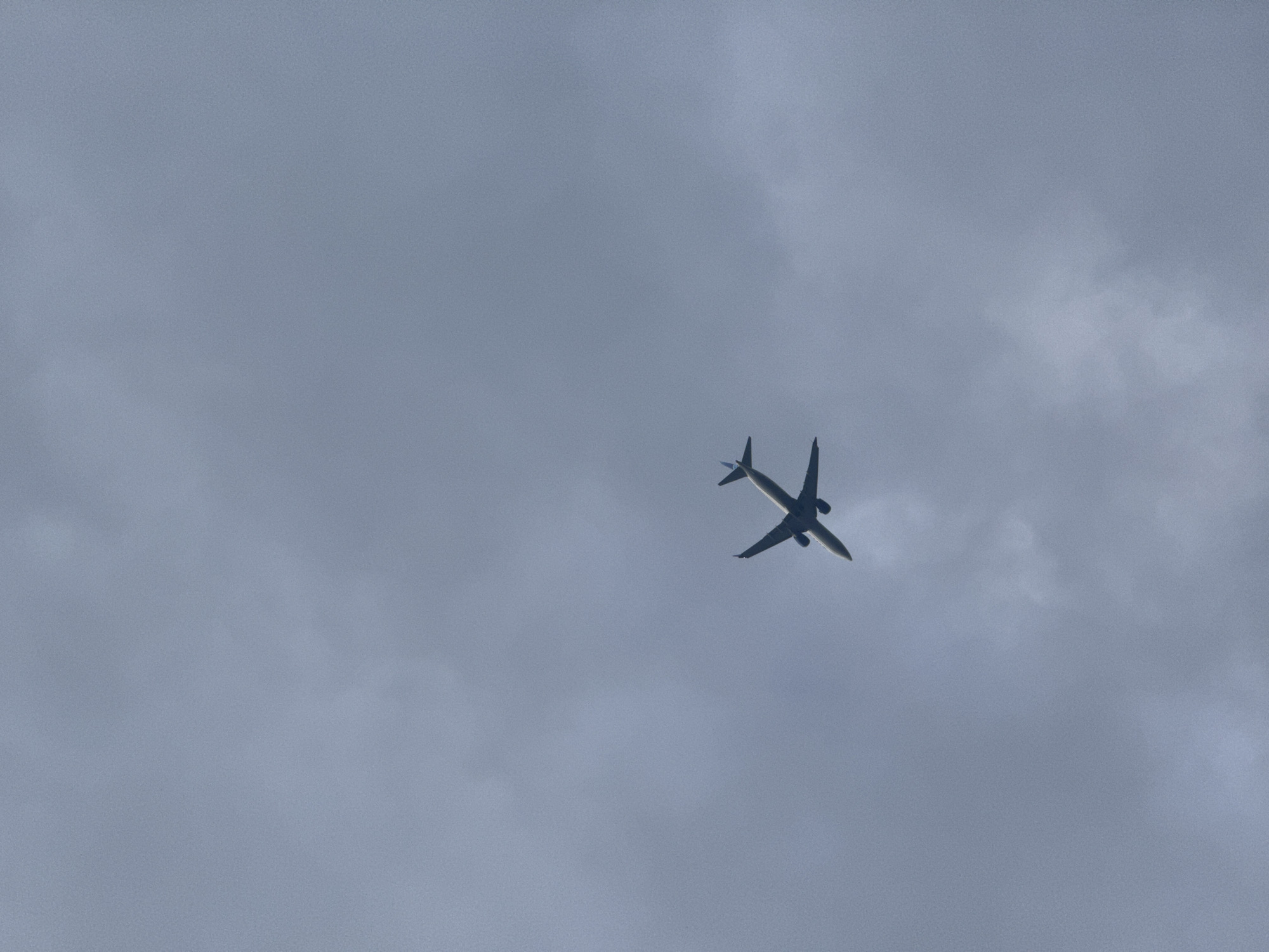 A passenger airplane is captured in mid-flight, viewed from below against a overcast sky. The airplane is silhouetted against the muted grey clouds, with its wings extended and tail fin visible. The aircraft appears to be traveling from right to left in the frame, angled slightly upwards. No specific landmarks or environmental features are discernible within New York City, United States of America, due to the composition focusing solely on the airplane and the sky.