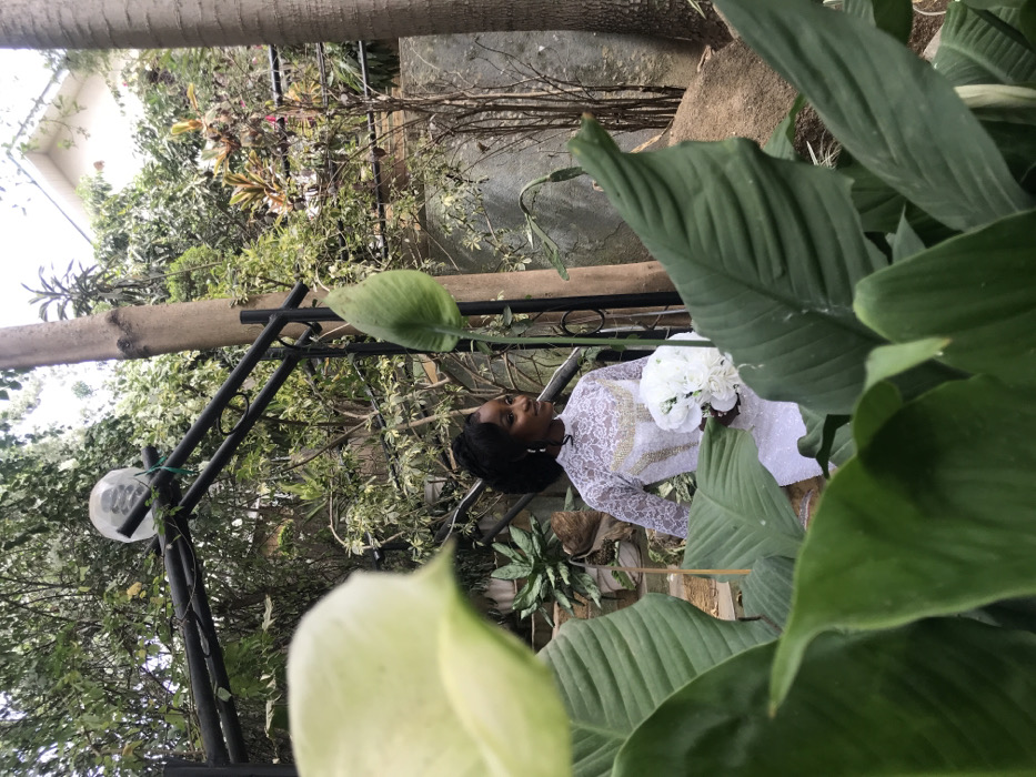 The image depicts a single Black adult female standing in a lush garden environment in Jos, Nigeria. She is positioned slightly to the right of the frame's center, facing towards the viewer's left with a subtle smile. Her dark hair is styled in braids gathered upwards. She wears a white, high-necked, long-sleeved gown featuring white lace over the arms and upper torso, with a distinct gold and white patterned overlay on the chest. In her left hand, she holds a bouquet of white flowers.
The immediate foreground is dominated by large, green, broad-leafed plants, obscuring parts of the lower frame. A light-colored flower, possibly a Calla Lily, is out of focus in the upper left foreground. In the midground, behind the woman, a dark-colored metal archway structure is visible. A clear globe light containing a spiral fluorescent bulb hangs from the archway, secured by a green tie. To the left of the woman, a short set of concrete steps ascends into the dense foliage. The background features abundant green vegetation including various trees, shrubs, and potted plants. A light-colored building with a sloped roof is partially visible through the foliage in the upper right background. Tree trunks are visible on both sides of the frame, and the ground consists of earth and possibly rocks. Natural daylight illuminates the scene.