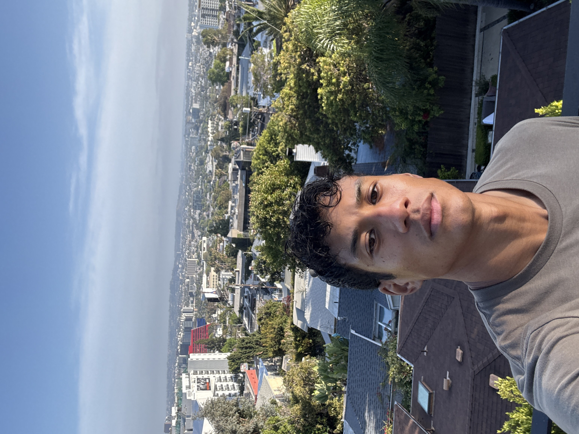 The image shows a man in the foreground, wearing a gray t-shirt. Behind him is a cityscape, with buildings of varying heights and designs. In the distance, there is a clear blue sky with some clouds. The location is West Hollywood, United States of America. There are trees and other vegetation visible among the buildings. The scene appears to be taken from a high vantage point, possibly a rooftop or balcony.
