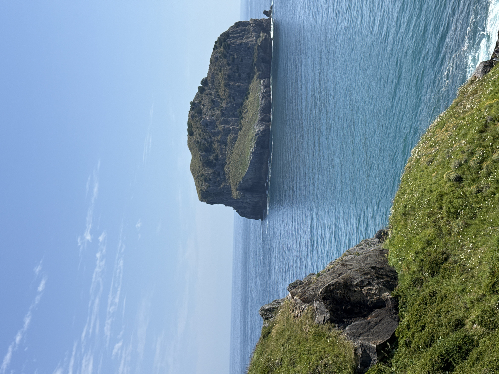 The image shows a scenic view of the coastline near Bakio, Spain, featuring the Gaztelugatxe islet. The islet, a prominent rocky island covered in green vegetation and trees, sits in the blue ocean under a clear sky with scattered white clouds. In the foreground, a steep, grassy cliffside overlooks the sea, with dark, rocky outcrops visible on its edge. The ocean is a vibrant blue, with gentle waves crashing against the shore and around the base of the islet. The overall impression is a tranquil and beautiful natural landscape.