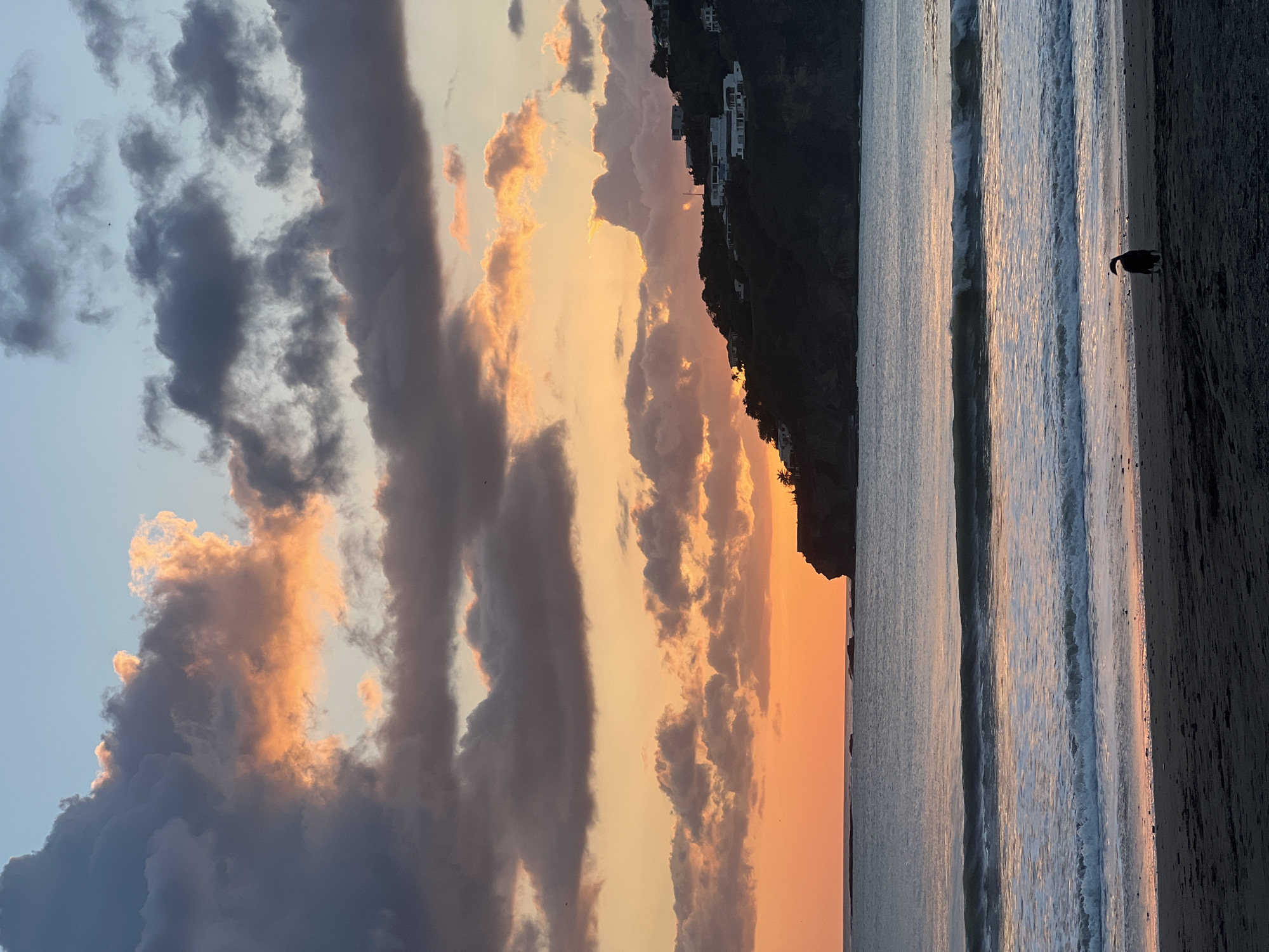 The image depicts a coastal scene at what appears to be sunset or sunrise, likely in San Juan del Sur, Nicaragua, given the characteristic topography and vegetation. The sky is a canvas of warm orange and pink hues, diffused by dramatic, dark gray clouds that are illuminated by the sun's glow. A silhouette of a hilly coastline with several white buildings dotted along its upper ridge dominates the right side of the image. The water is calm, with gentle waves rolling onto a dark sand beach in the foreground. A solitary, dark-colored dog is visible on the beach, facing away from the viewer and towards the water. The overall atmosphere is serene and picturesque, capturing a moment of natural beauty.