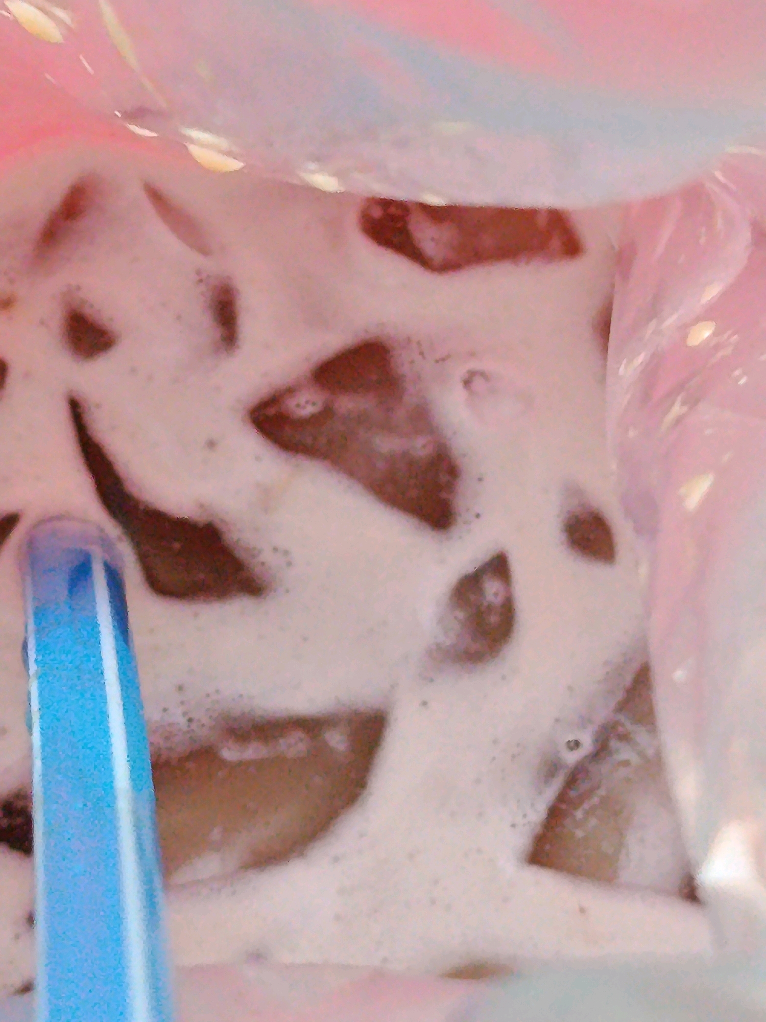 A close-up, overhead shot reveals a foamy beverage in a pink plastic bag with a blue straw. The drink is a light brown color with a thick layer of white foam on top. Darker brown, irregularly shaped objects are visible beneath the foam, suggesting the presence of solid ingredients or ice. The plastic bag is translucent, and reflections of light can be seen on its surface. The straw is positioned on the left side of the image, partially submerged in the drink. The scene is shot from a high angle, looking down into the bag. The background is out of focus and shows hints of pink and light blue. The image appears to have been taken in Jobokuto, Indonesia, where such beverages are commonly sold in plastic bags.