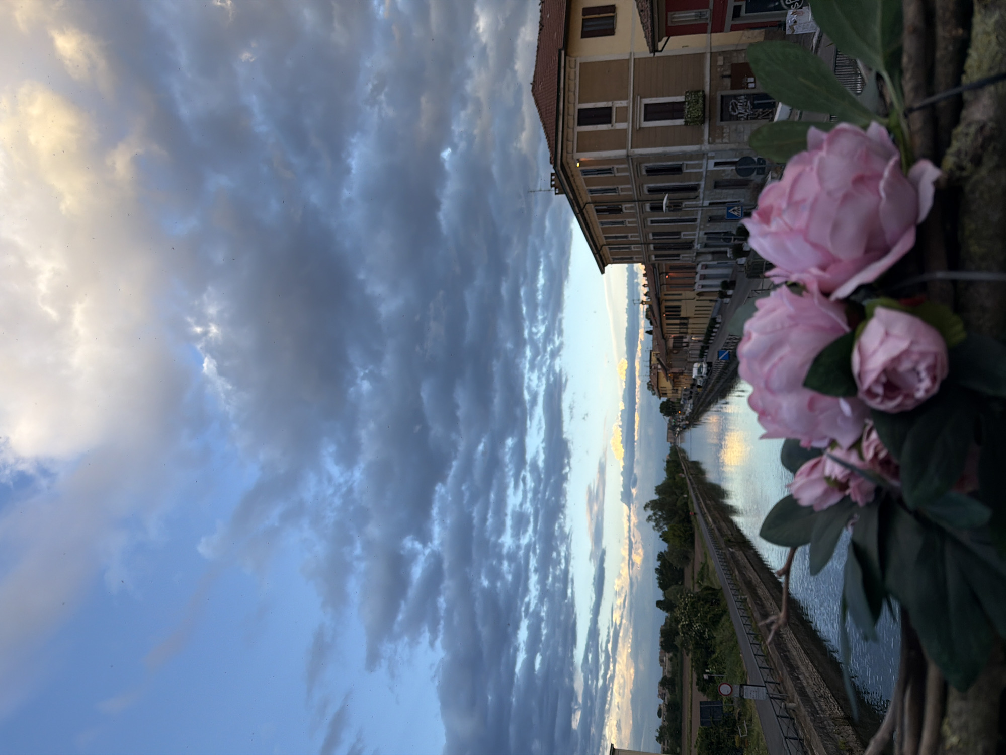 The image presents a view in Bonirola, Italy. The sky is a mix of blue and grey, filled with clouds. A canal runs through the center of the scene, reflecting the light and sky. Buildings line one side of the canal. In the foreground, pink flowers are positioned on what appears to be a stone ledge or wall.