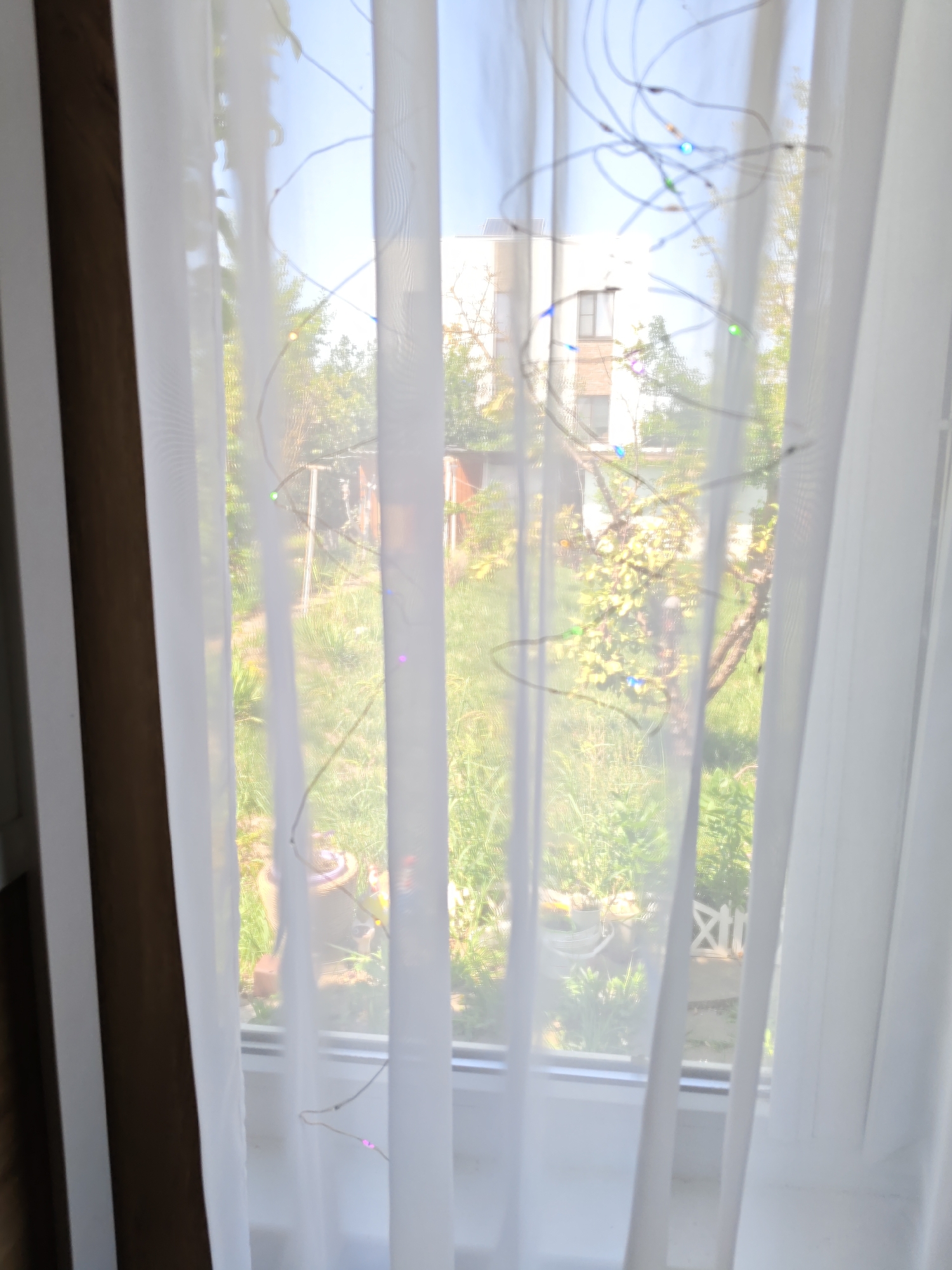 A slightly blurry, sun-drenched outdoor scene is viewed through a white, translucent curtain. The curtain is illuminated by a string of small, colorful lights that are draped across it. The lights appear to be blue, green, and pink. Beyond the curtain, a lush green garden is visible, with trees and grass. In the background, a light-colored, multi-story building stands under a clear blue sky. A white fence with an "X" design is also present in the garden. The overall impression is one of a bright, cheerful day. The location in the city of Rostov-on-Don, Russia, cannot be determined from the visual information provided in the image.