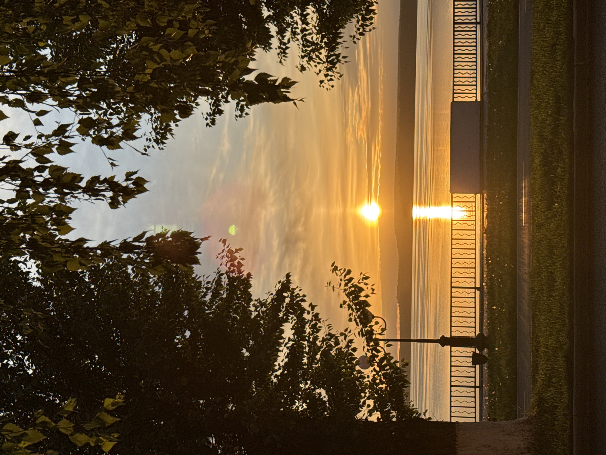 The image shows a sunset view of the Votkinsk Reservoir, a prominent landmark in the city of Votkinsk, Russia. The sun, setting over the reservoir, creates a bright reflection on the water surface. The foreground includes tree branches that frame the scene, while a section of the embankment is visible to the right, showing a decorative fence, grass, and a pedestrian walkway. A lamppost is also visible. The sky displays hues of yellow and orange, typical of a sunset. There are no people visible in the image.