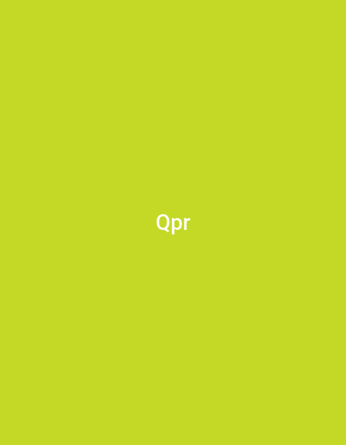 The image presents a solid, uniform chartreuse-green background. Centered horizontally and positioned slightly below the vertical midpoint of the frame, the white, sans-serif text "Qpr" is displayed. No other subjects, objects, people, actions, or environmental details are discernible within the frame.